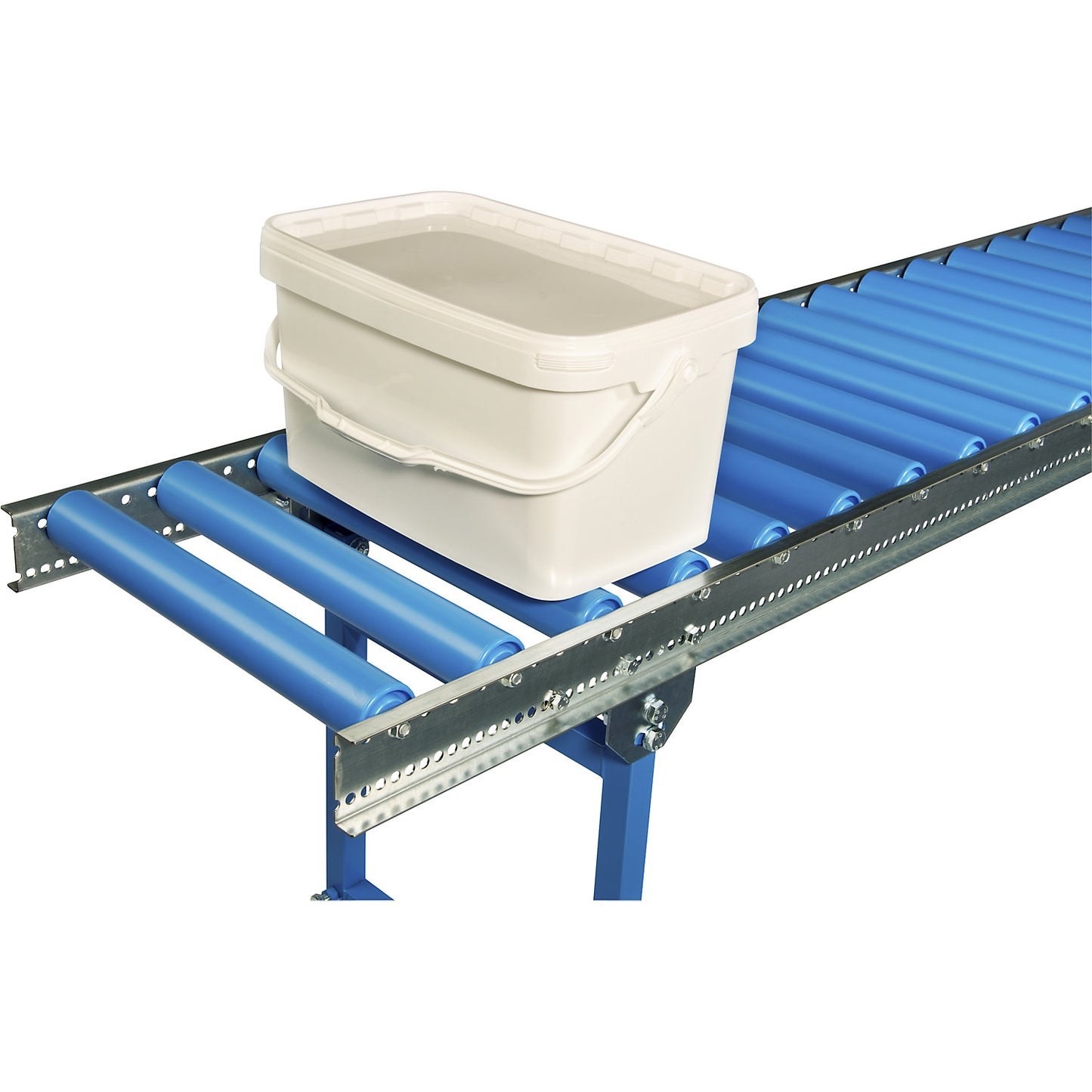 Light-duty roller conveyor, aluminium with plastic rollers, track width 600 mm, axle spacing 75 mm, length 2000 mm.