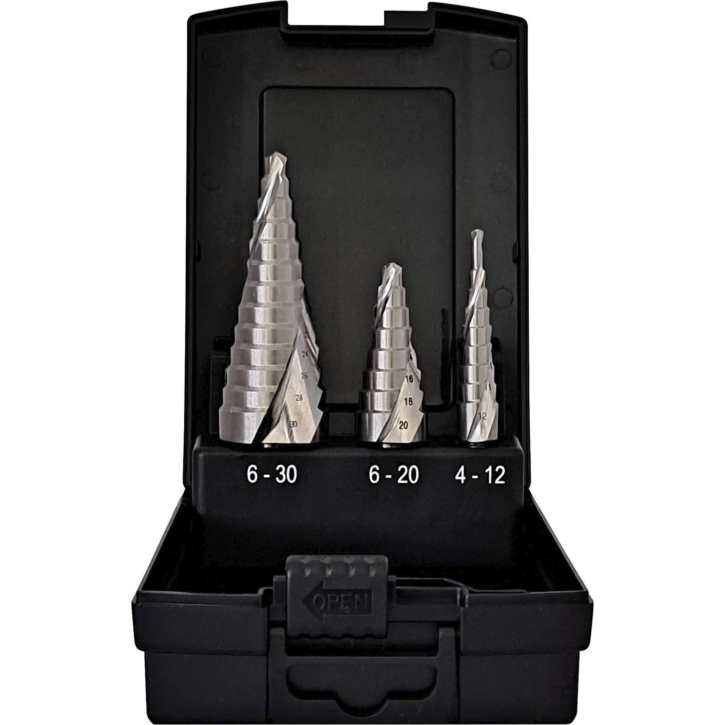 Step drill set HSS-Co 5% ECO, with spiral groove, 3 parts.