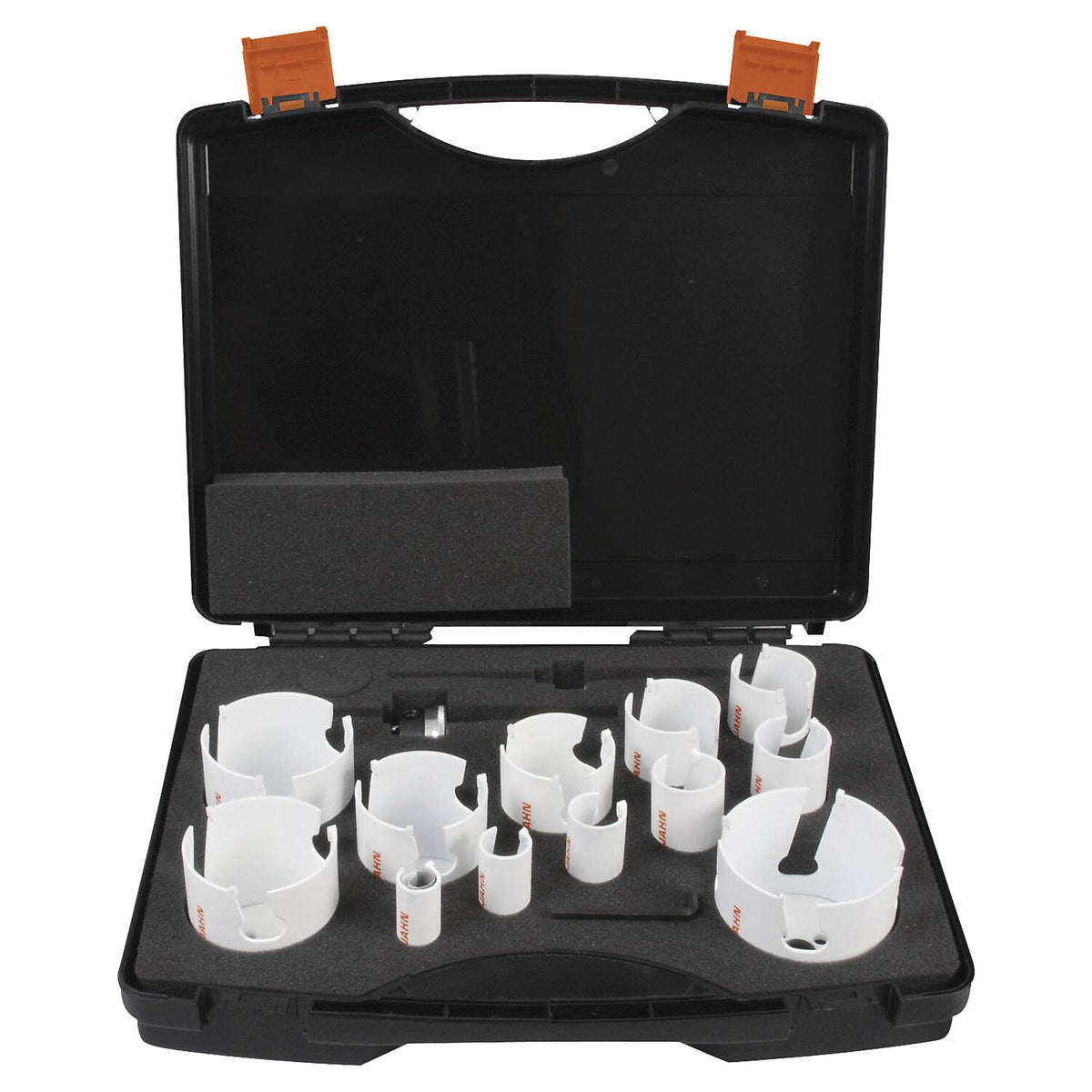 Carbide hole saw set, for hollow bricks and soft tiles, 18 parts.