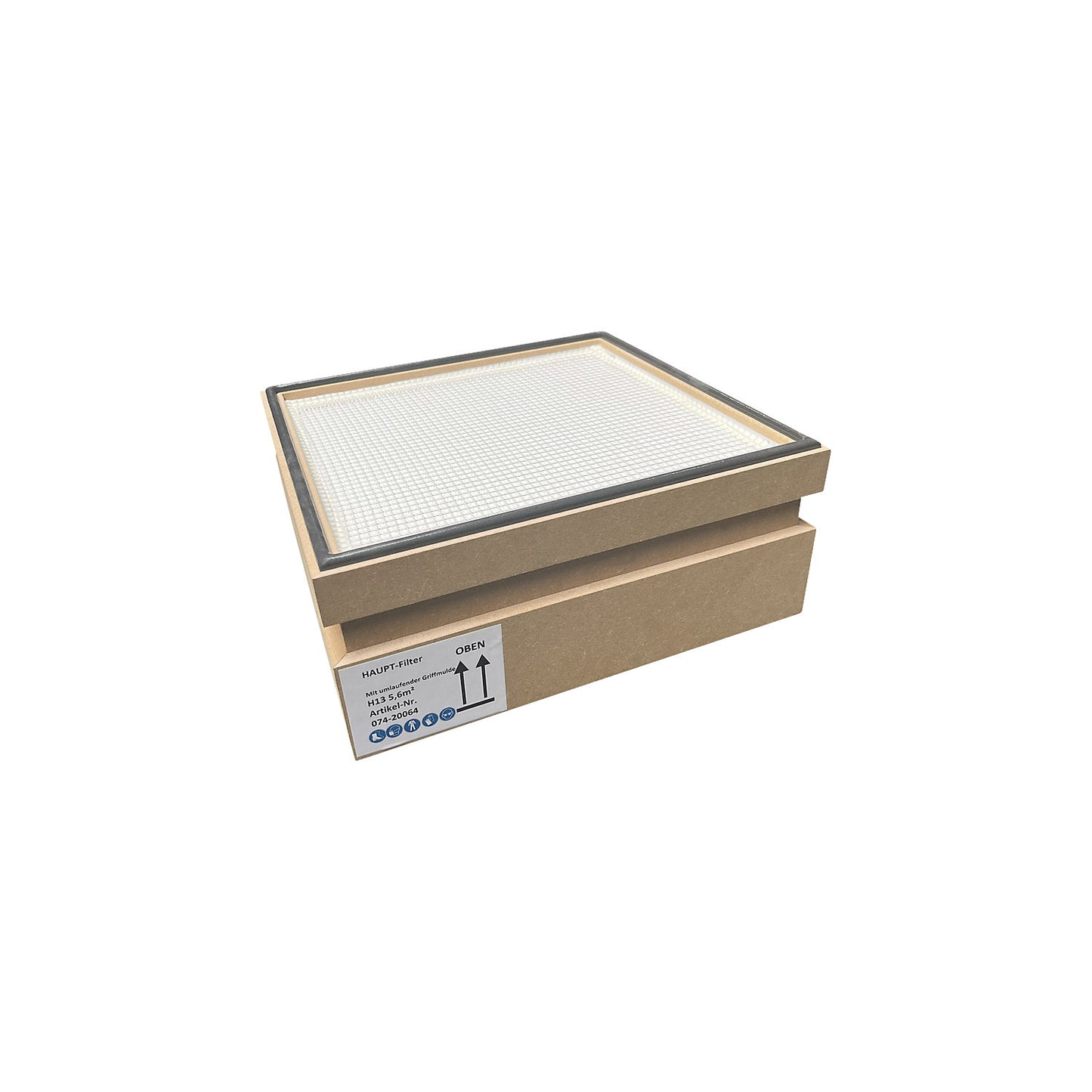 Particulate filter, MDF box with seal, LxWxH 410 x 410 x 146 mm.