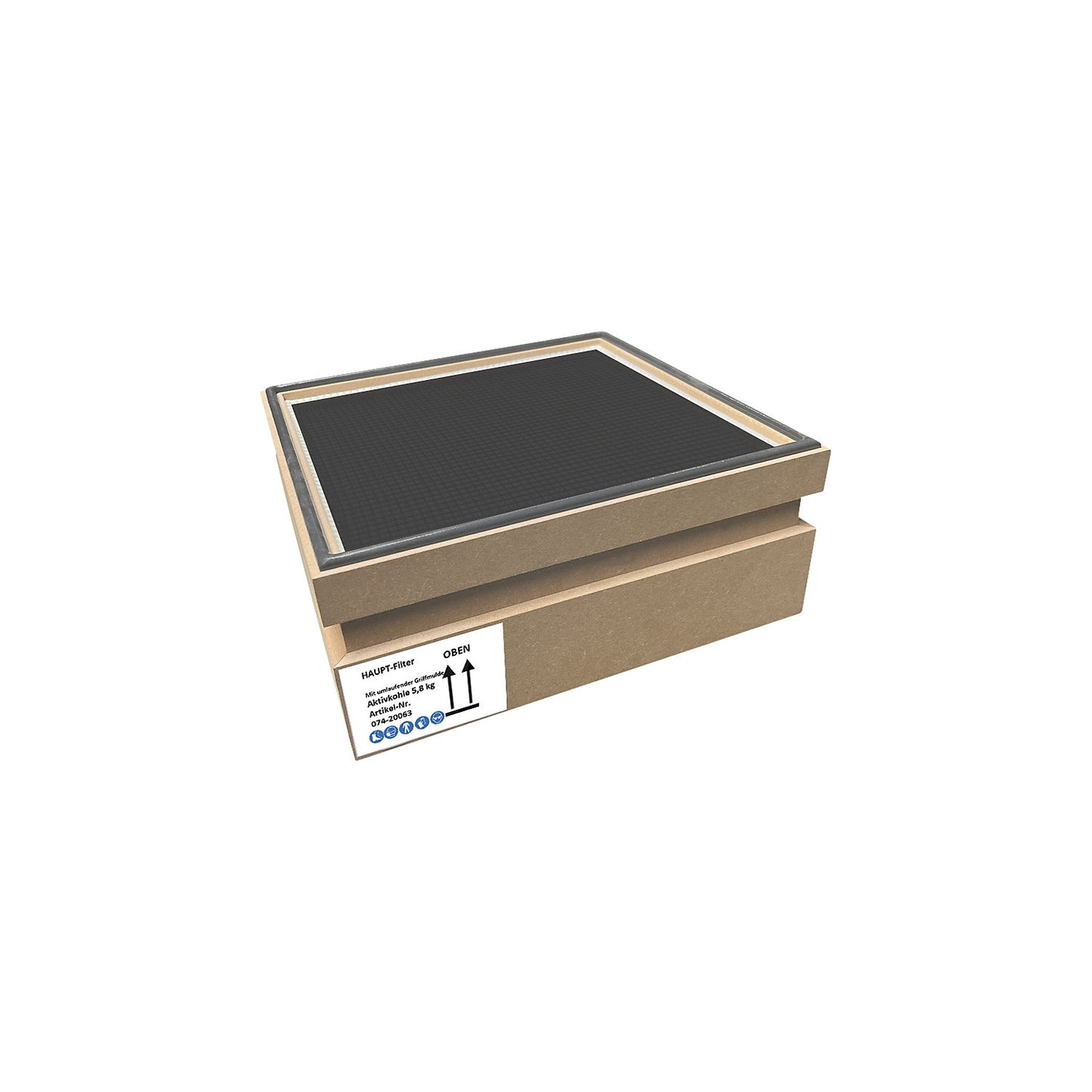 Adsorption filter cartridge activated carbon, MDF box with seal, LxWxH 410 x 410 x 146 mm.