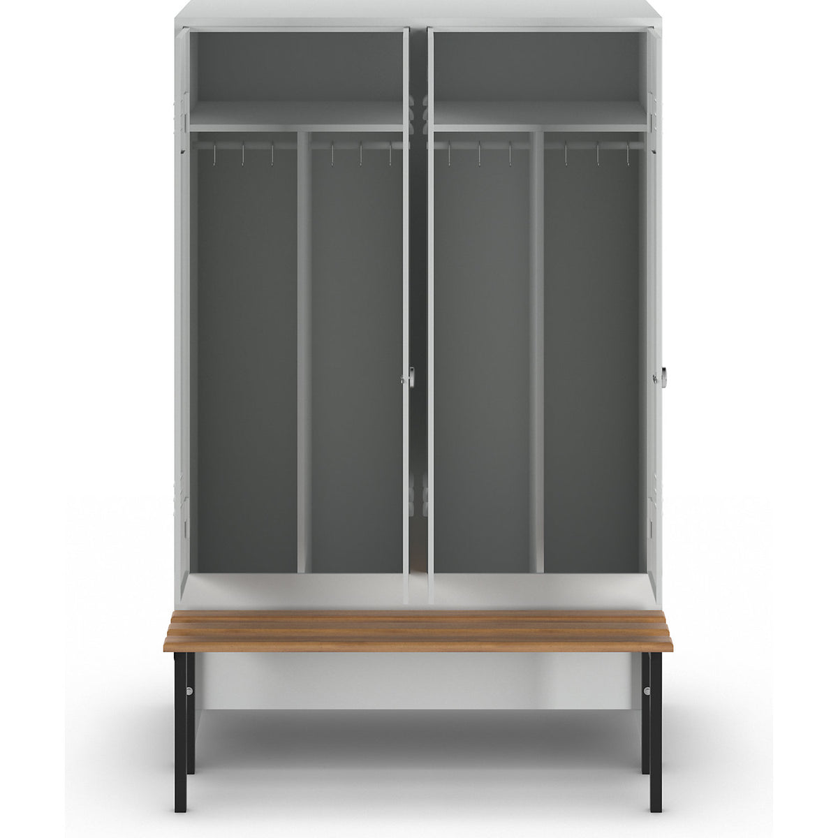Berlin 2 clean and dirty locker with bench seat, centre divider, 2 compartments, light grey, W 1200 mm, bench mounted in front, beech wood.