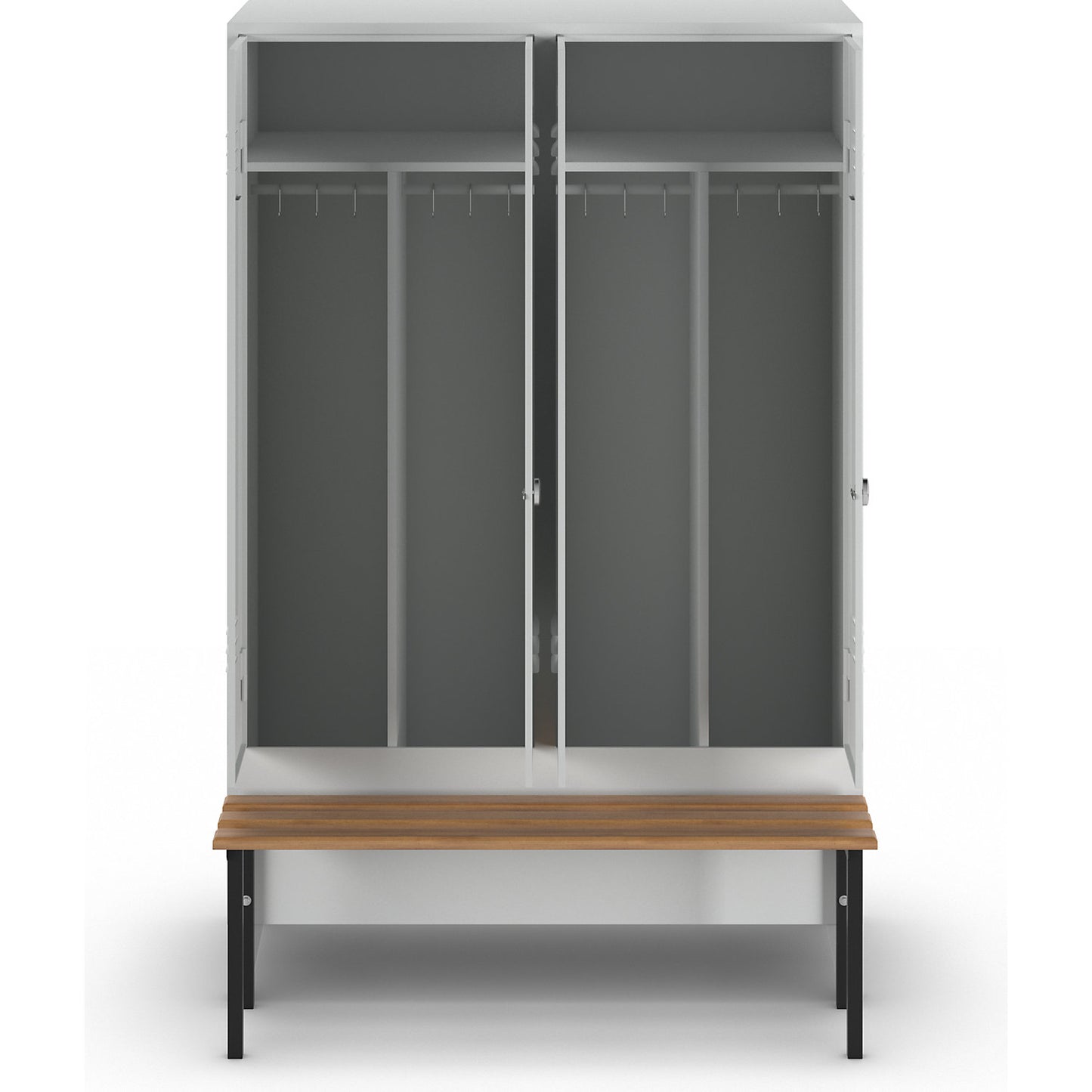 Berlin 2 clean and dirty locker with bench seat, centre divider, 2 compartments, light grey, W 1200 mm, bench mounted in front, beech wood.