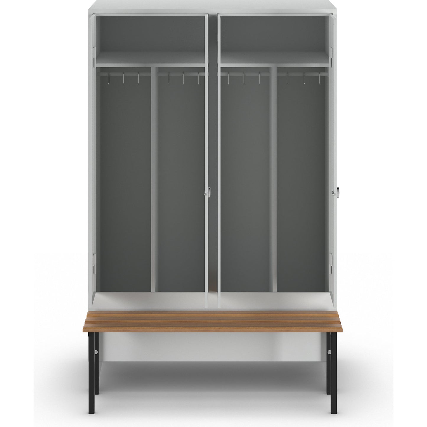 Berlin 1 clean and dirty locker with bench seat, centre divider, 2 compartments, light grey, W 1200 mm, bench mounted in front, beech wood.