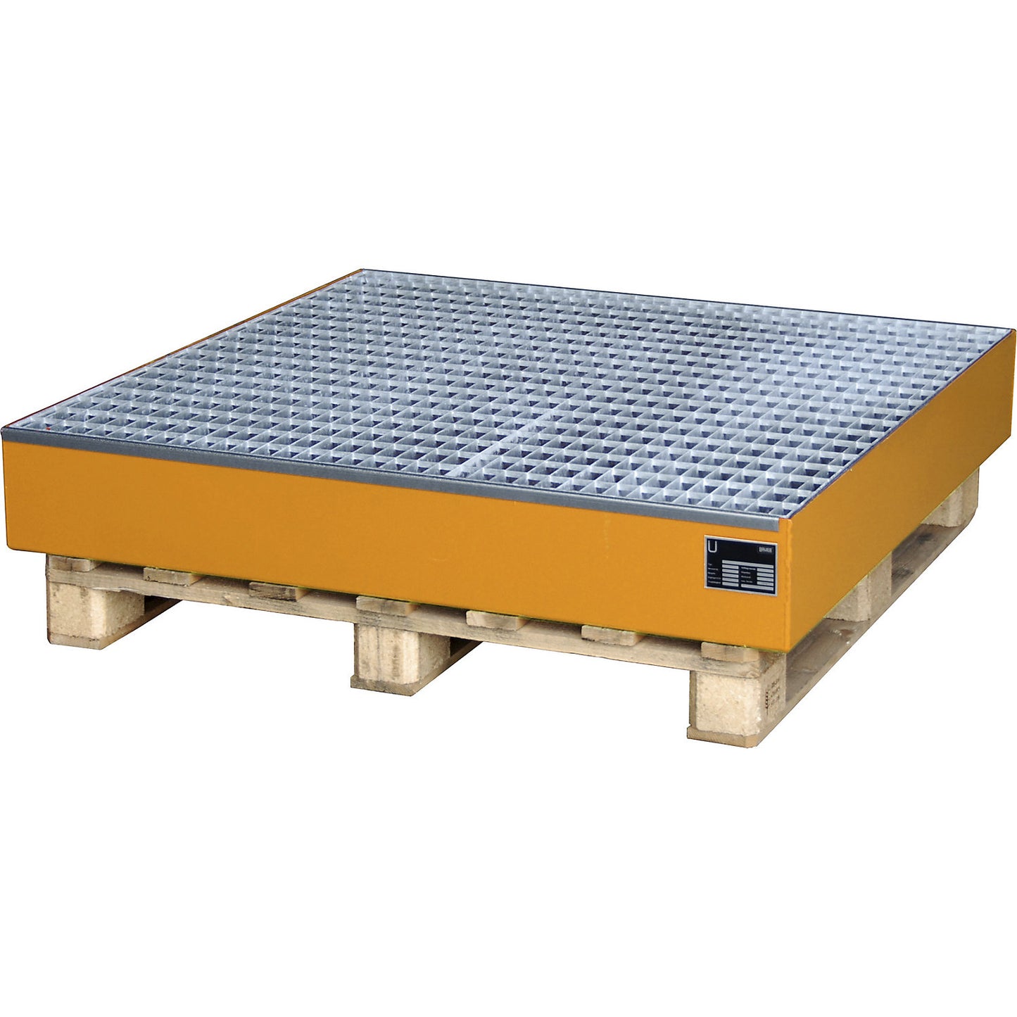 Pallet sump tray, LxWxH 1200 x 1200 x 185 mm, orange RAL 2000, with grate.