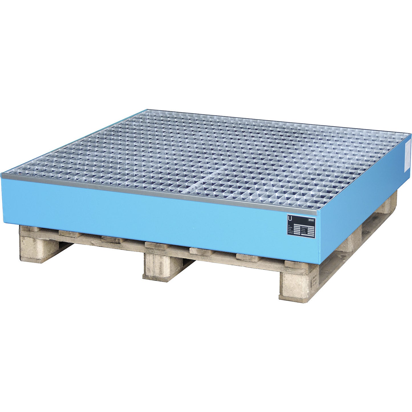 Pallet sump tray, LxWxH 1200 x 1200 x 185 mm, blue RAL 5012, with grate.