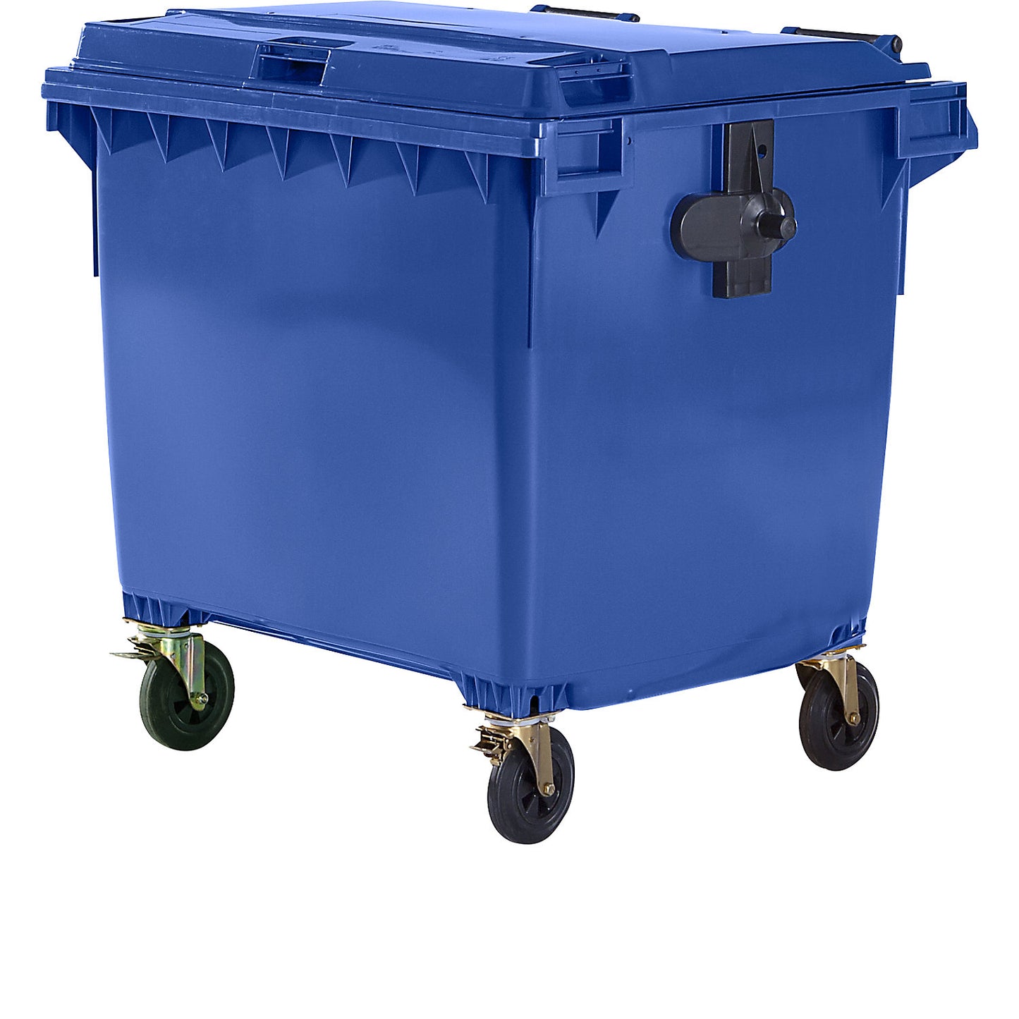 Plastic waste container, DIN EN 840, capacity 1100 l, WxHxD 1370 x 1470 x 1115 mm, blue.