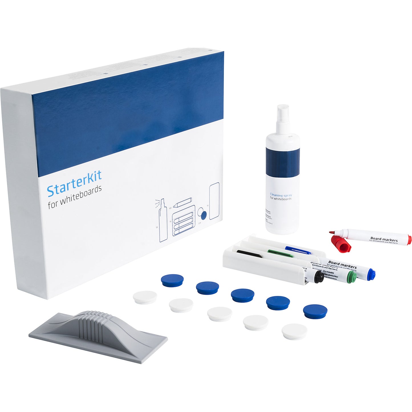 Starter set for enamel boards, board marker, marker holder, dry wiper, magnets, cleaning spray.
