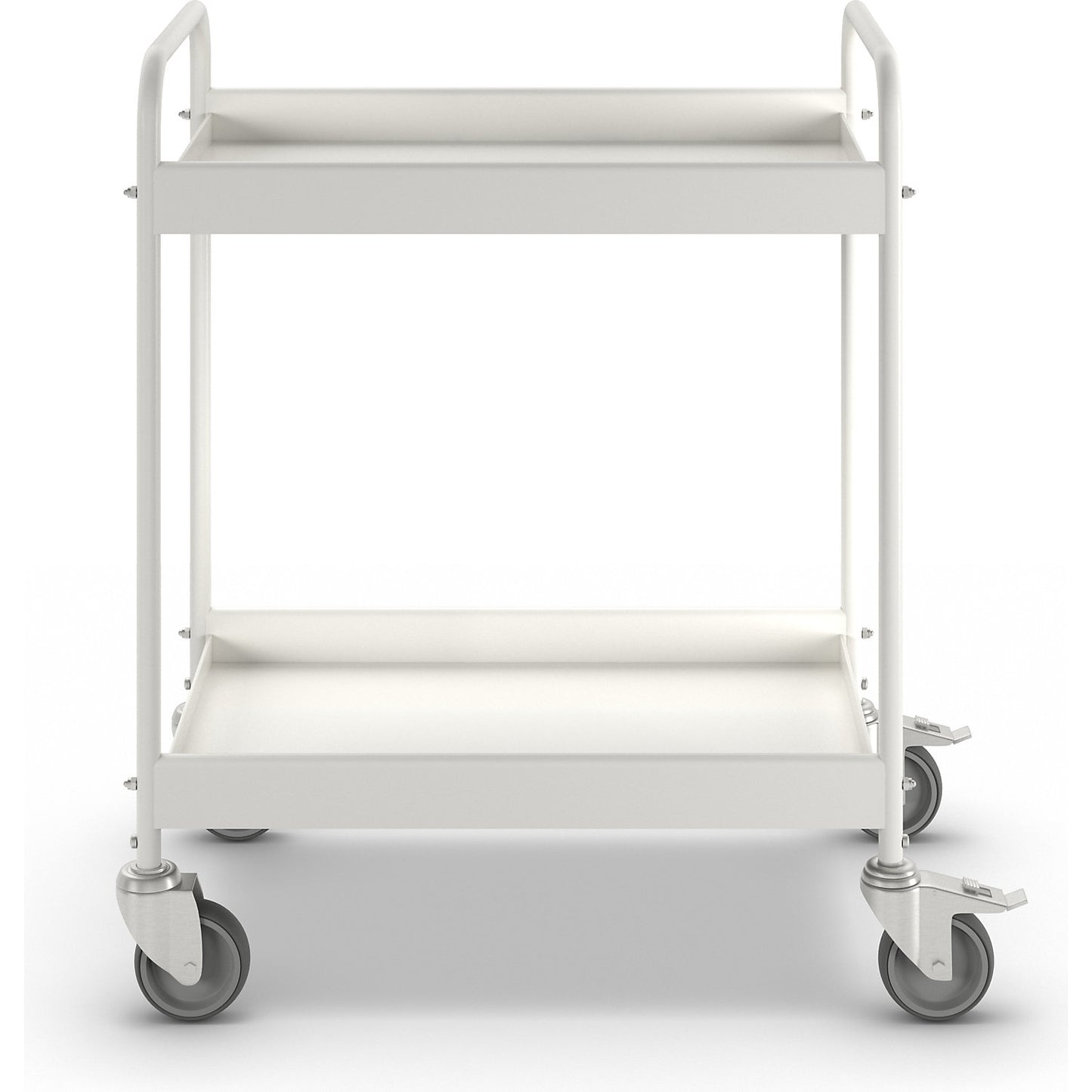 Table trolley, powder coated tubular steel, max. load 40 kg, 2 shelves, pure white RAL 9010, 4 swivel castors, 2 with double stops.