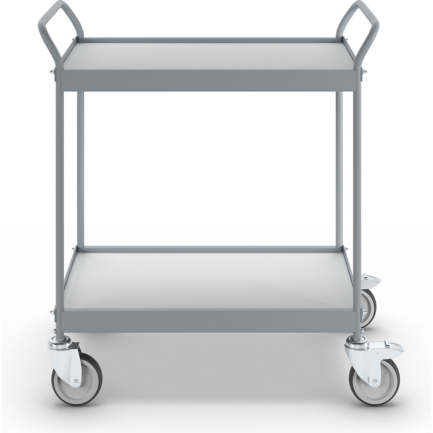 Serving trolley, platform 785 x 545 mm, max. load 150 kg, 2 shelves, 4 swivel castors, 2 with double stops.