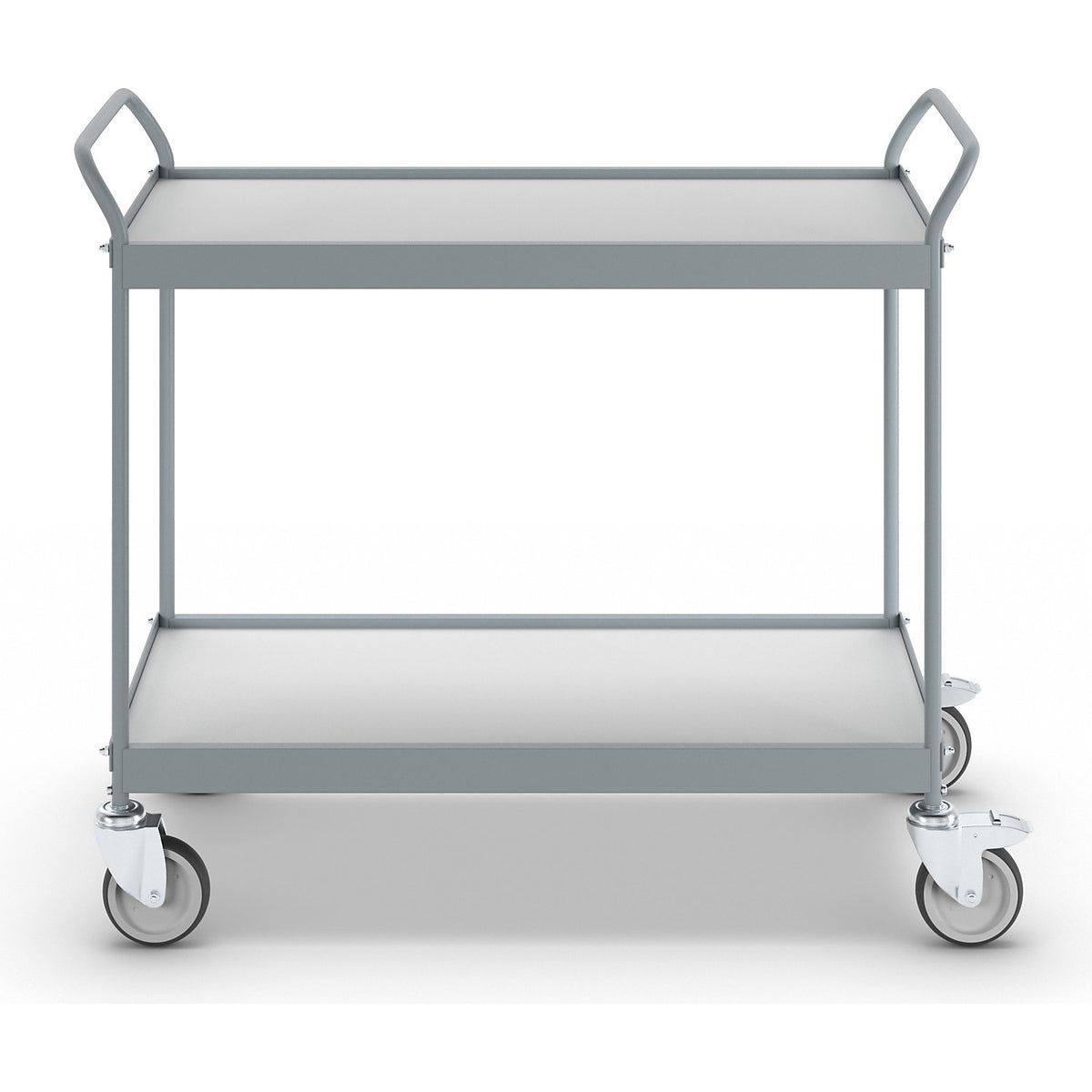 Serving trolley, platform 990 x 545 mm, max. load 150 kg, 2 shelves, 4 swivel castors, 2 with double stops.
