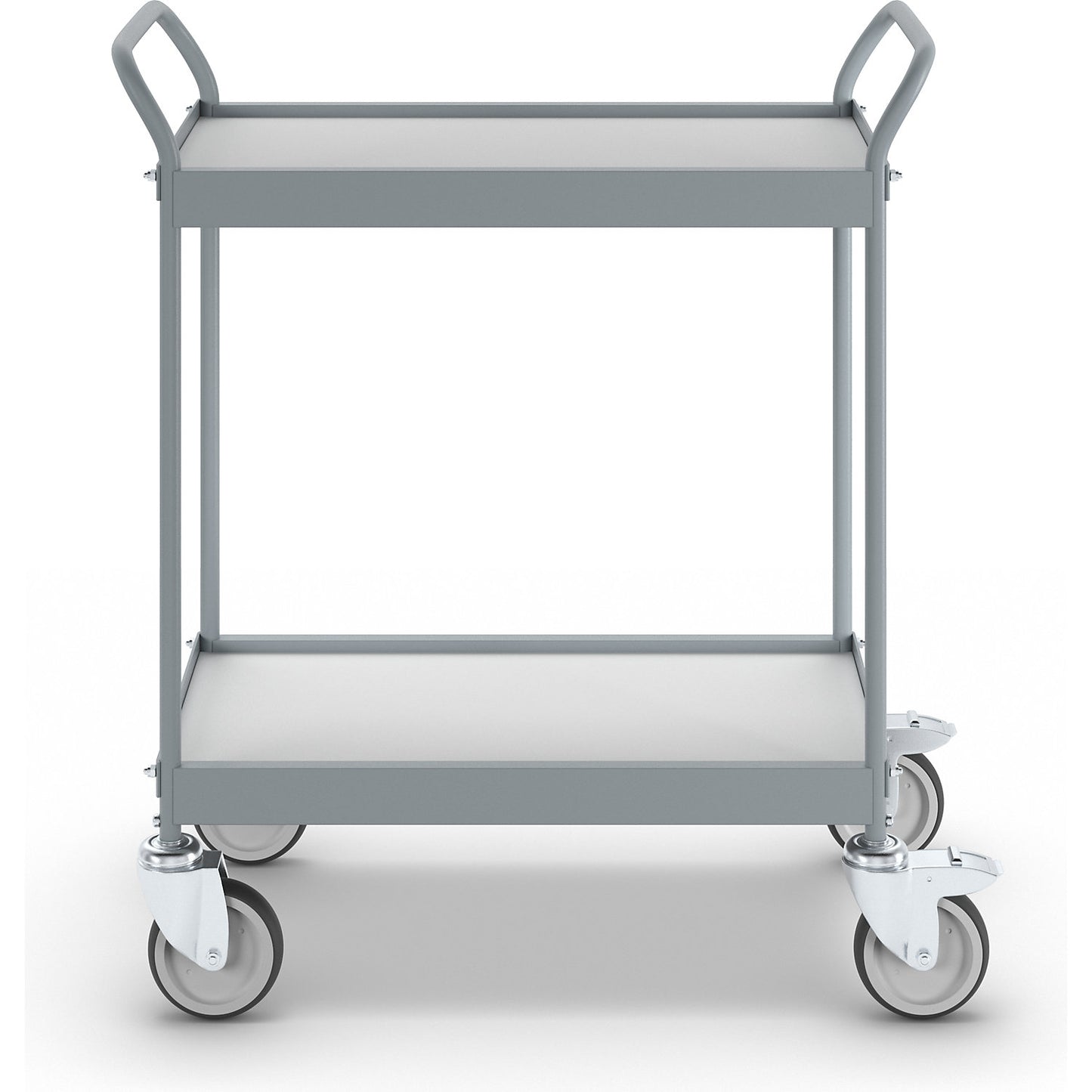 Serving trolley, platform 658 x 338 mm, max. load 75 kg, 2 shelves, 4 swivel castors, 2 with double stops.