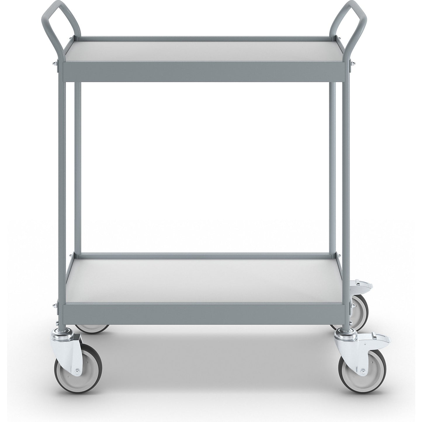 Serving trolley, platform 790 x 465 mm, max. load 75 kg, 2 shelves, 4 swivel castors, 2 with double stops.