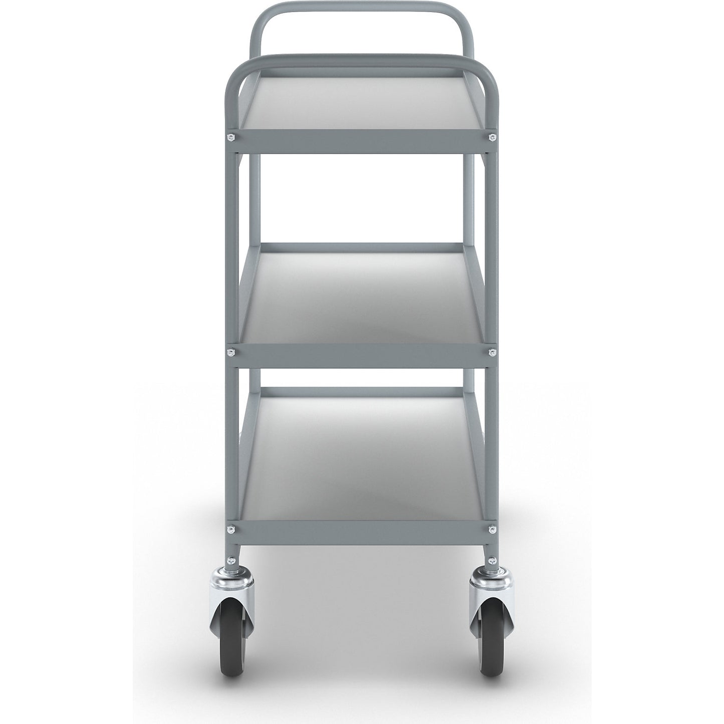 Serving trolley, platform 658 x 338 mm, max. load 75 kg, 3 shelves, 4 swivel castors, 2 with double stops.