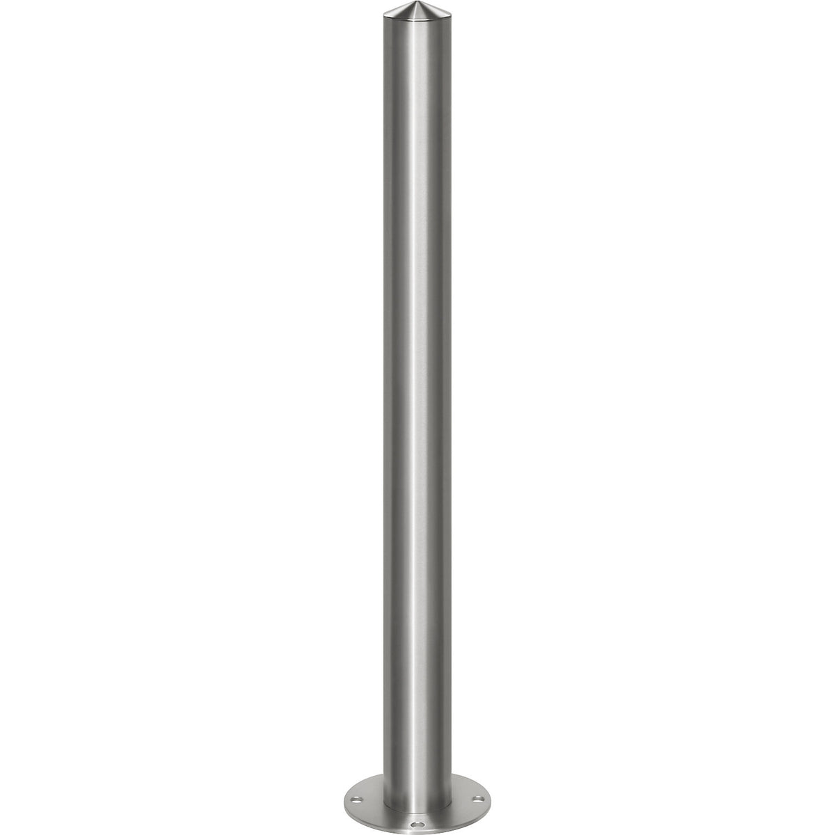 Stainless steel barrier post, with pointed head, for bolting in place, Ø 76 mm, fixed.