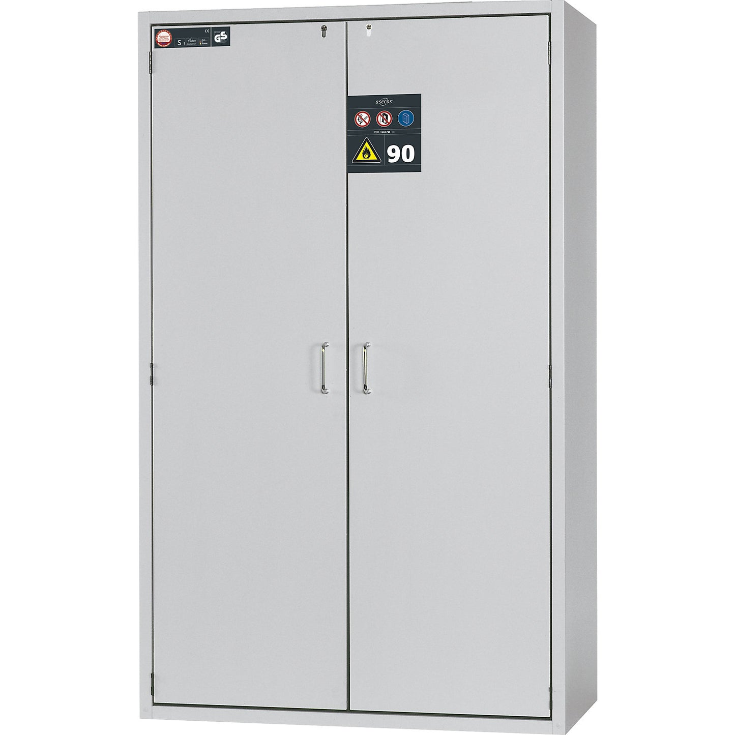 Fire resistant hazardous goods storage cupboard, type 90, 2 doors, external HxWxD 1968 x 1200 x 615 mm, grey, powder-coated.