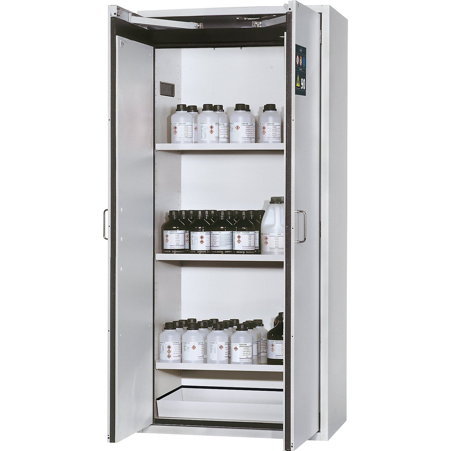 Fire resistant hazardous goods storage cupboard, type 90, 2 doors, external HxWxD 1968 x 900 x 615 mm, grey, powder-coated.
