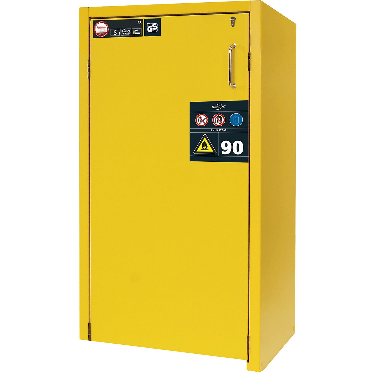 Fire resistant hazardous goods storage cupboard, type 90, 1 door, external HxWxD 1298 x 600 x 615 mm, yellow, powder-coated.