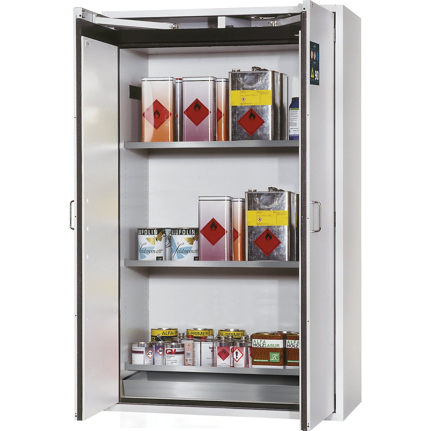 Fire resistant hazardous goods storage cupboard, type 90, 2 doors, external HxWxD 1968 x 1200 x 615 mm, grey, stainless steel.