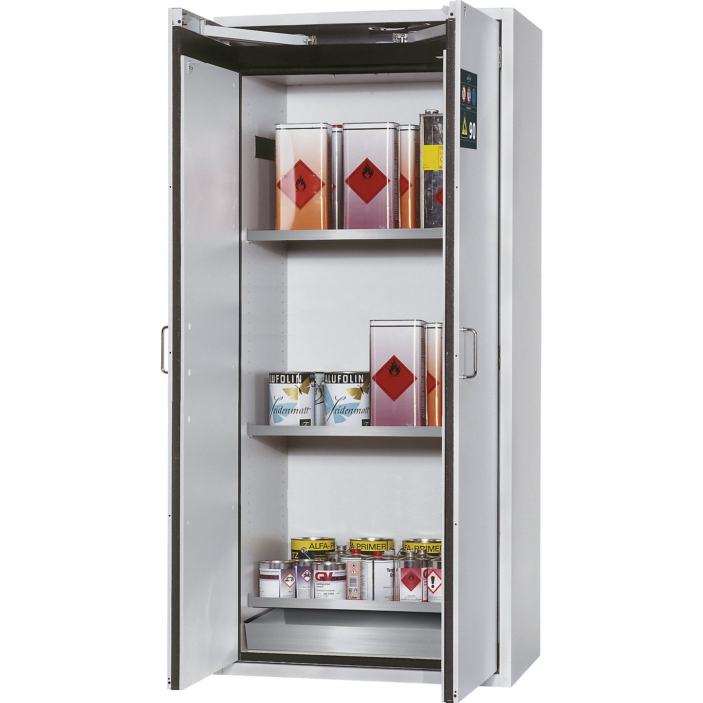 Fire resistant hazardous goods storage cupboard, type 90, 2 doors, external HxWxD 1968 x 900 x 615 mm, grey, stainless steel.