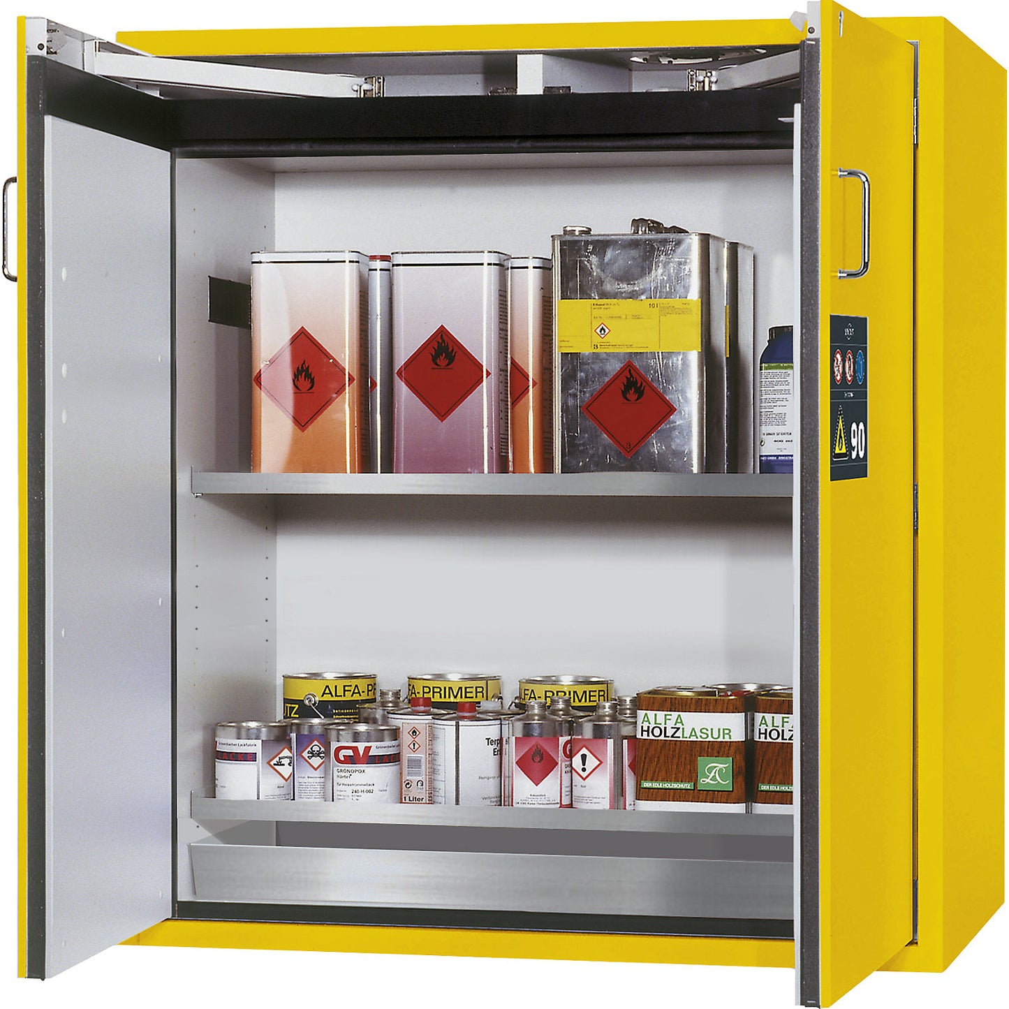 Fire resistant hazardous goods storage cupboard, type 90, 2 door, external HxWxD 1298 x 1200 x 615 mm, yellow, stainless steel.