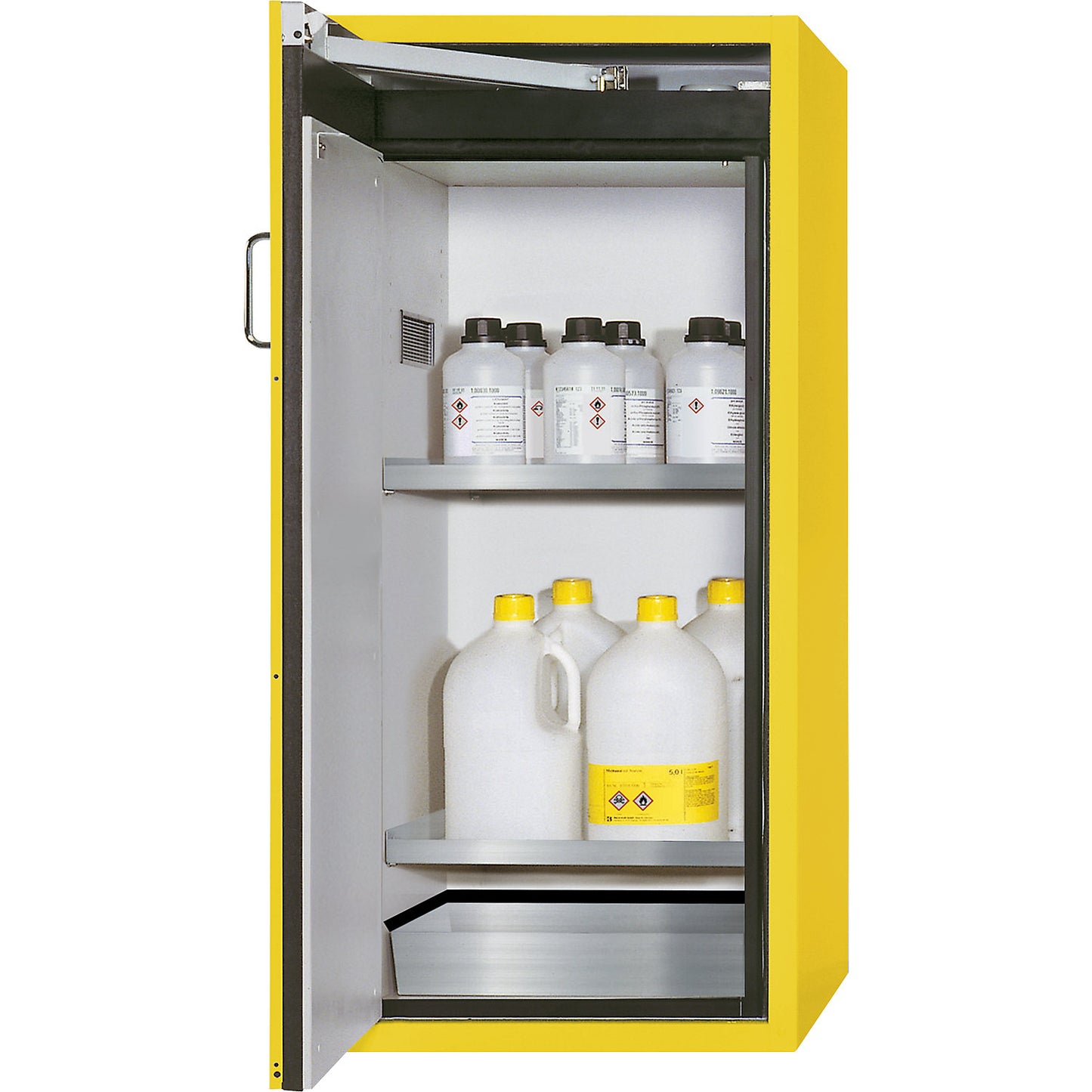 Fire resistant hazardous goods storage cupboard, type 90, 1 door, external HxWxD 1298 x 600 x 615 mm, yellow, stainless steel.