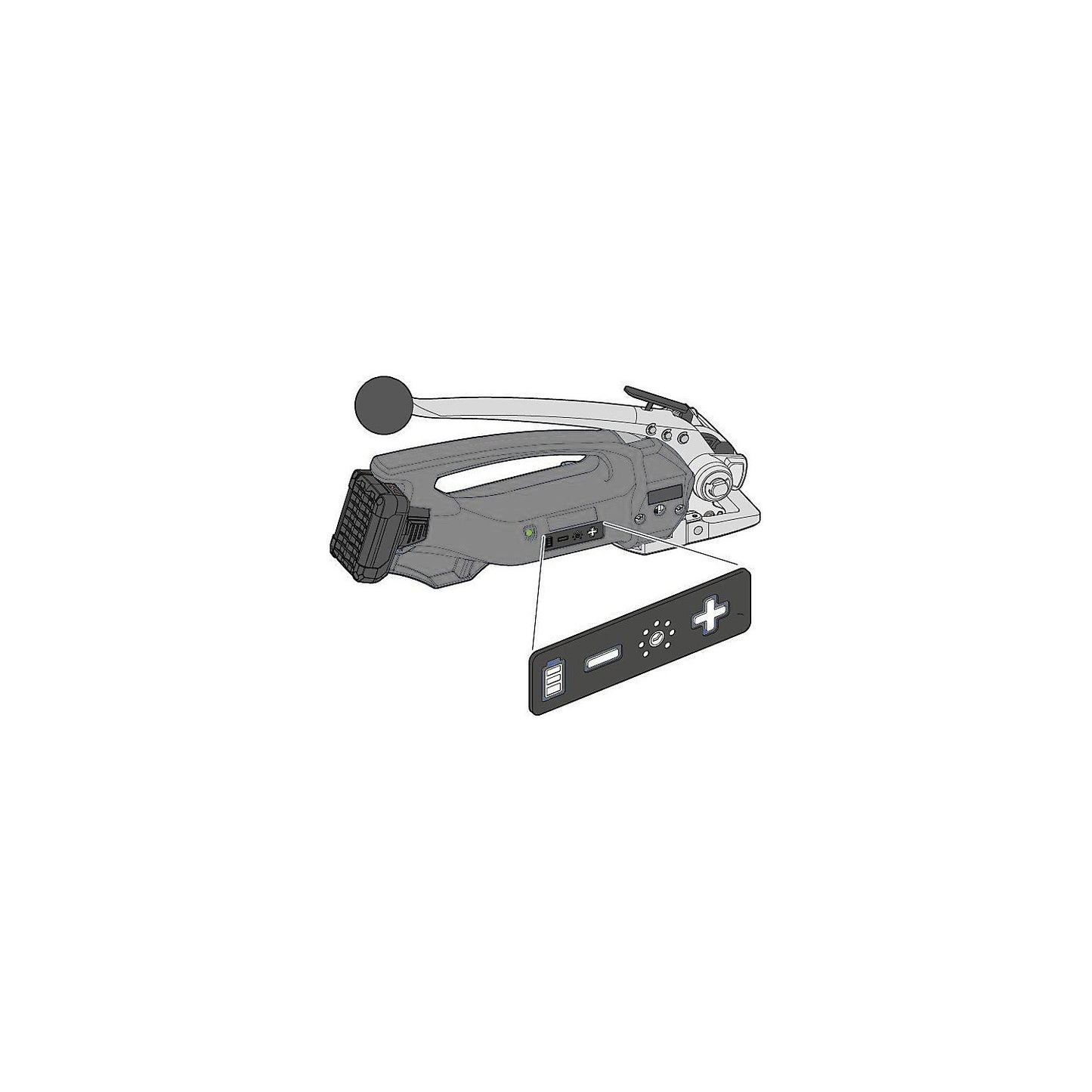 Battery powered strapping tool for PP and PET strapping, semi automatic, entry-level model, for strapping width 10 - 19 mm.