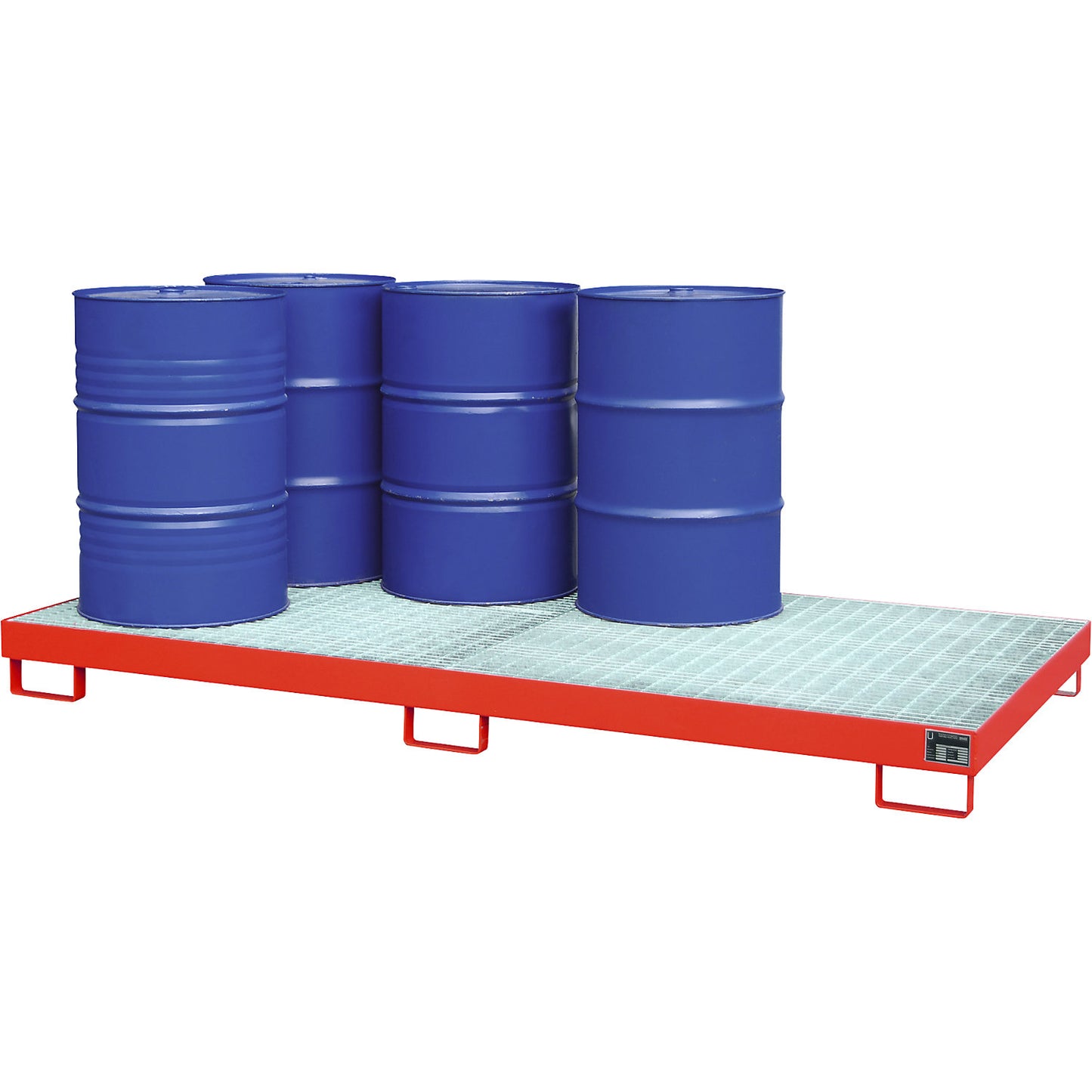 Steel sump tray, sump capacity 240 l, for 8 x 200 l drums, painted red RAL 3000, with grate.