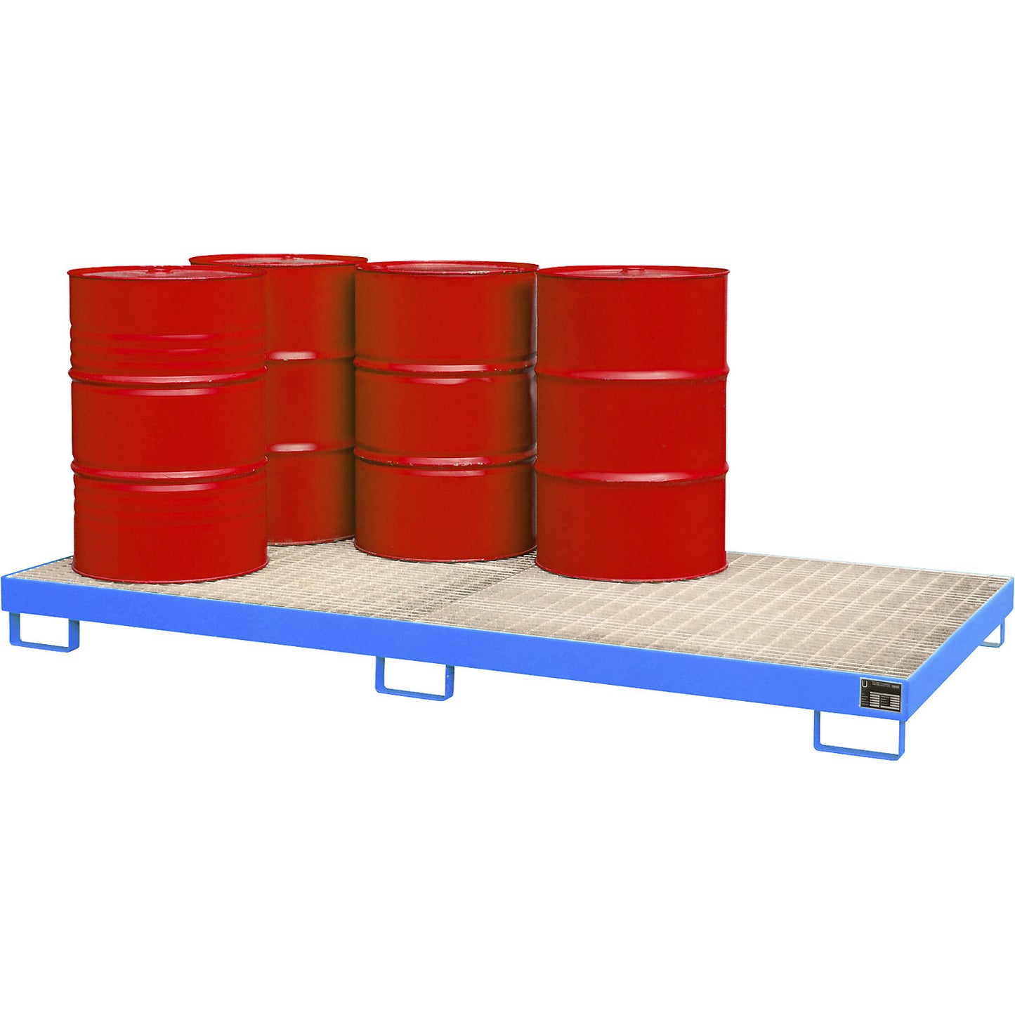 Steel sump tray, sump capacity 240 l, for 8 x 200 l drums, painted blue RAL 5012, with grate.