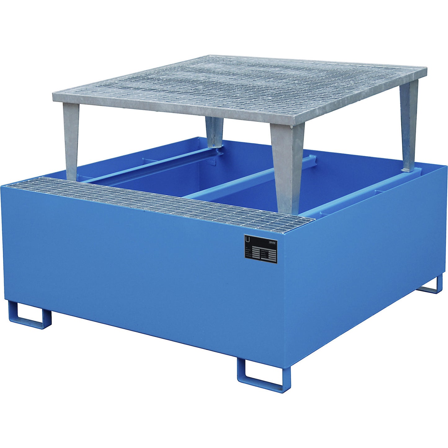 Steel sump tray for IBC/CTC tank containers, LxWxH 1460 x 1460 x 1090 mm, sump capacity 1000 l, painted, blue RAL 5012.