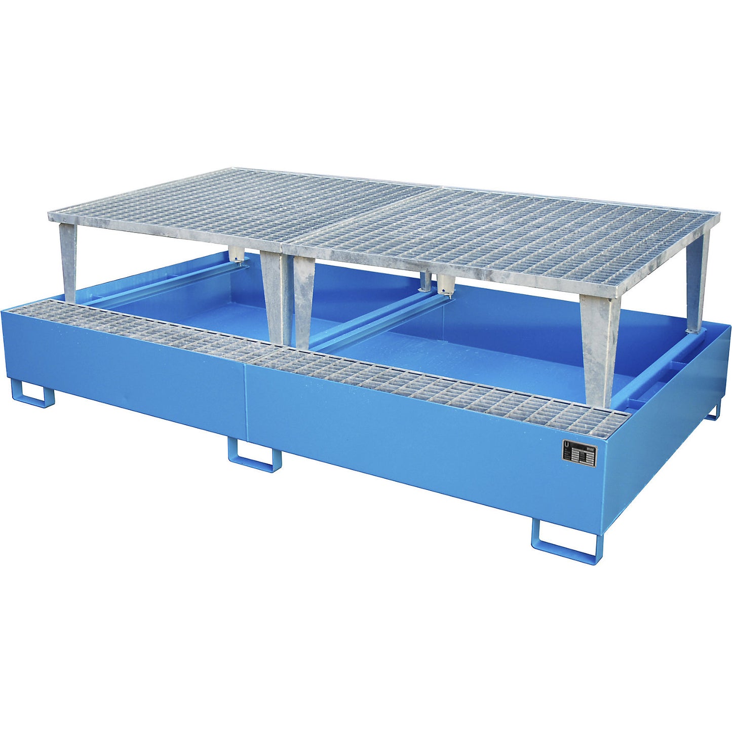 Steel sump tray for IBC/CTC tank containers, LxWxH 2650 x 1460 x 865 mm, with 2 filling attachments, sump capacity 1000 l, painted, blue RAL 5012.