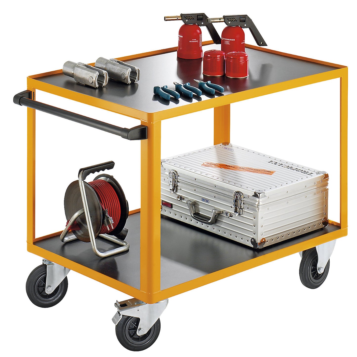 Professional workshop trolley, with snap-on push handle, LxW 1150 x 700 mm, max. load 350 kg.