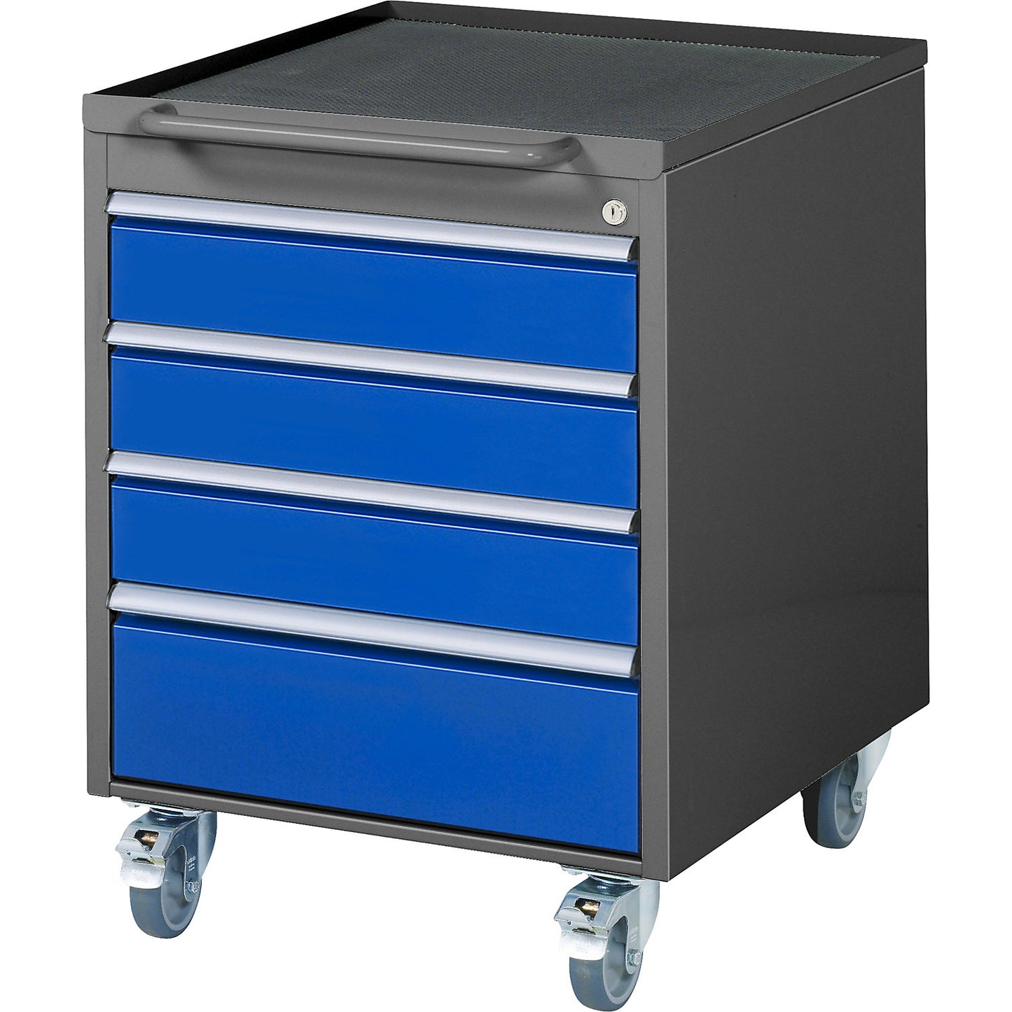 Mobile pedestal, HxWxD 765 x 580 x 650 mm, 4 drawers, metallic charcoal / gentian blue.
