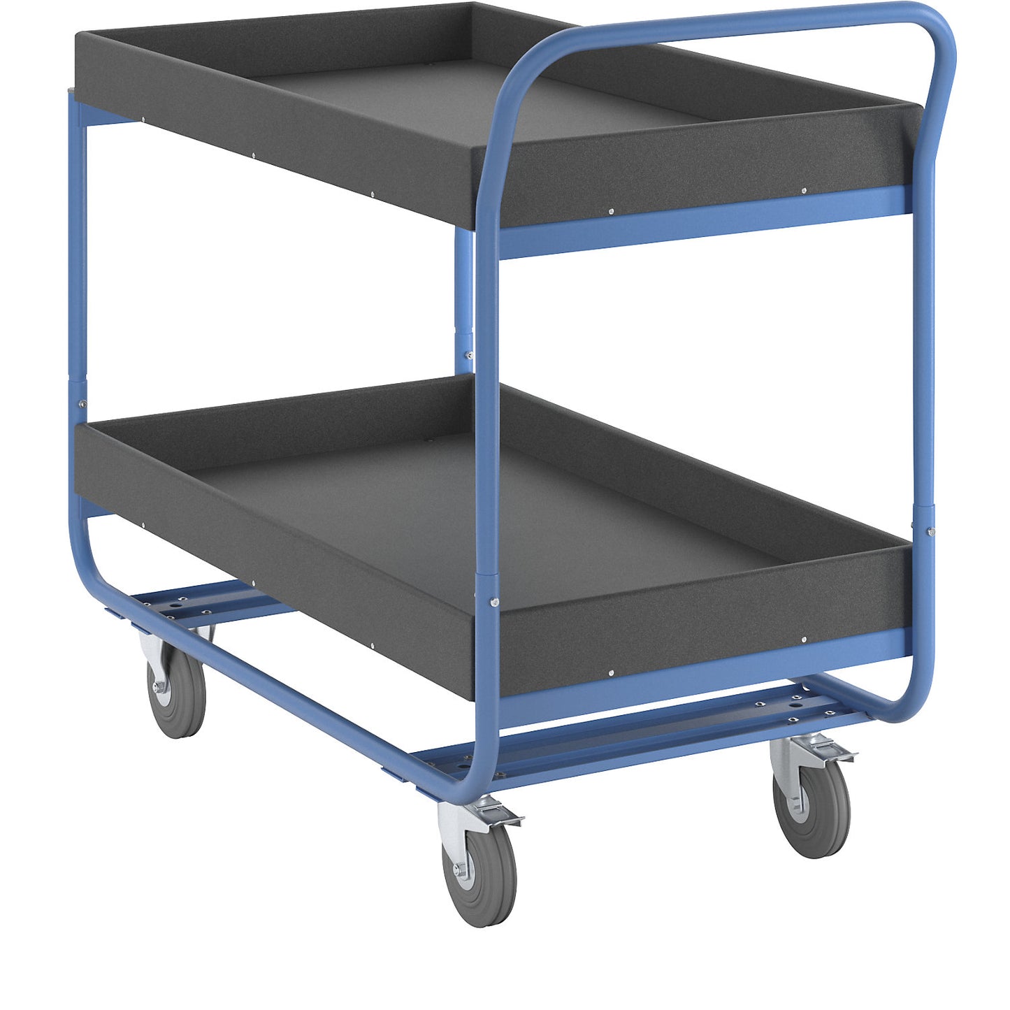 Table trolley, max. load 150 kg, 2 shelves with raised edges, solid rubber tyres, non-marking.