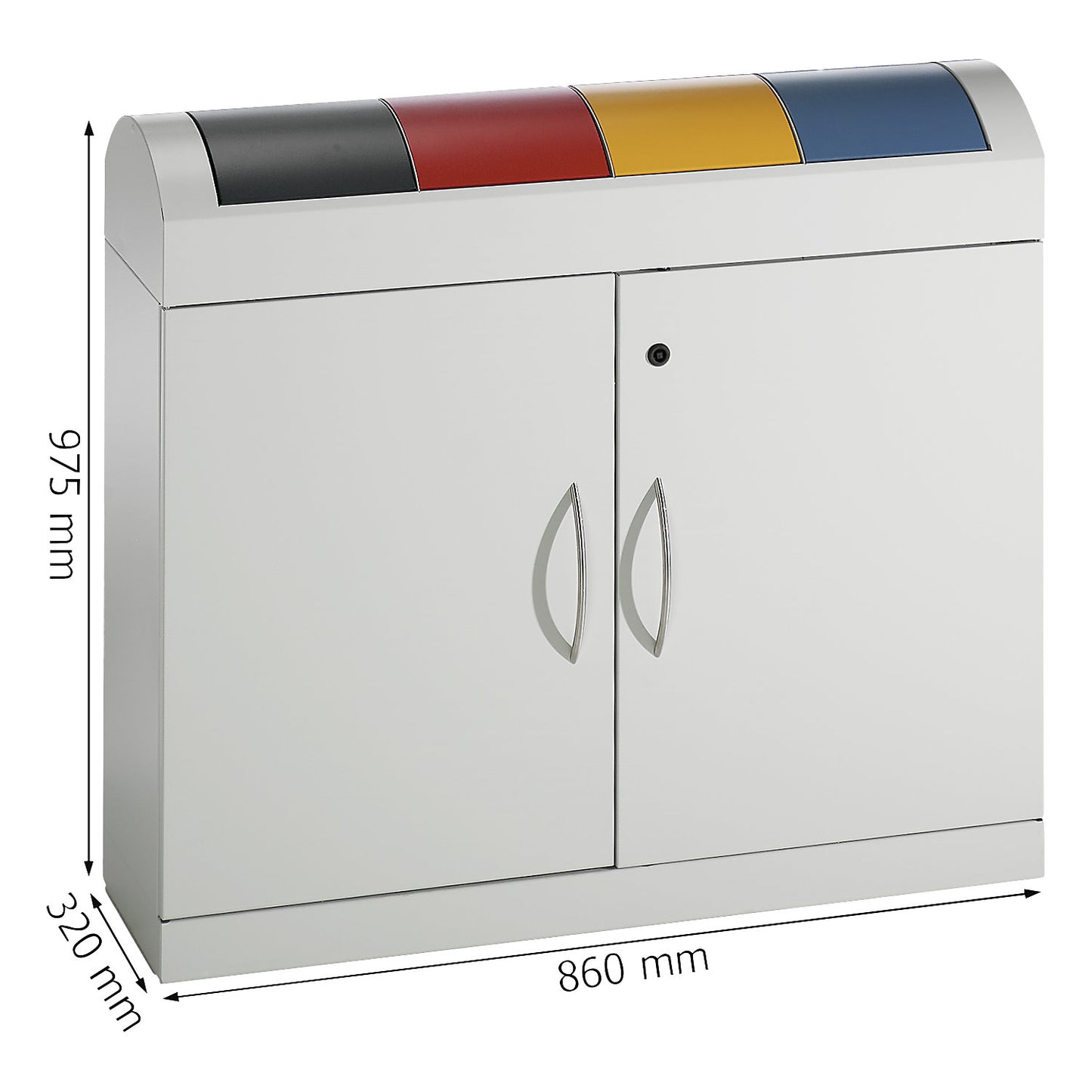 Recyclable waste collector cupboard, compact, with colour coded hinged lids, 4 x 45 l, HxWxD 975 x 1100 x 320 mm.