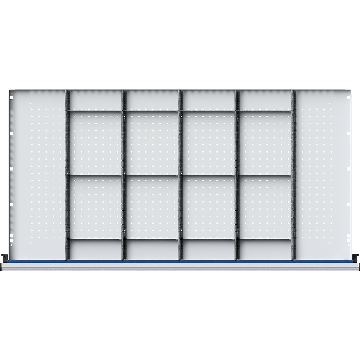Drawer divider, for height 60 mm, width 1200 mm, 5 partitions, 15 plug-in dividers.