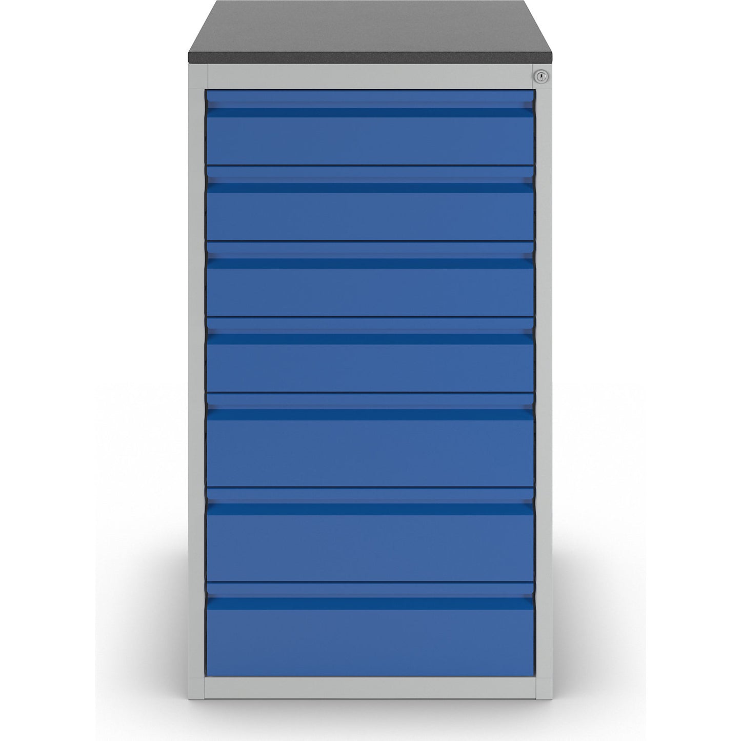 Drawer cupboard with telescopic guides, height 1030 mm, drawers: 4 x 120, 3 x 150 mm, light grey / gentian blue, width 580 mm.