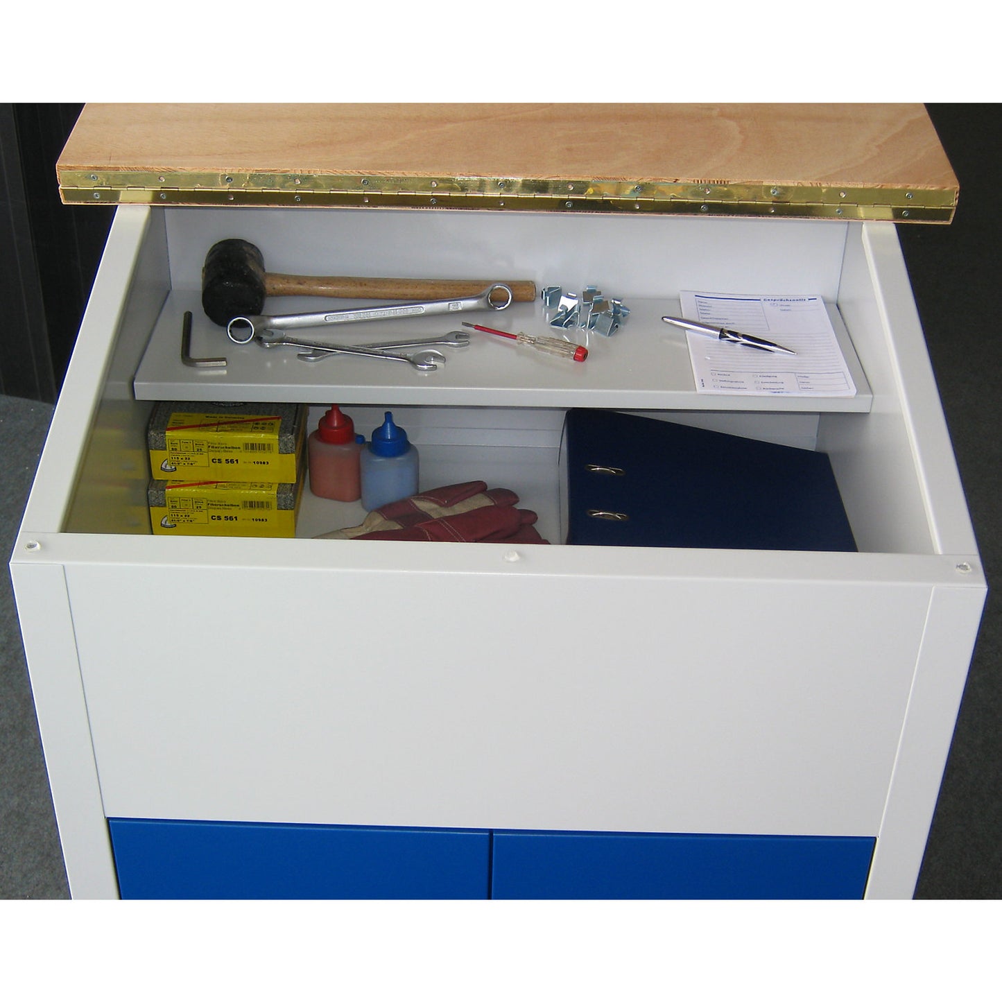 Industrial pedestal desk, open version, gentian blue.
