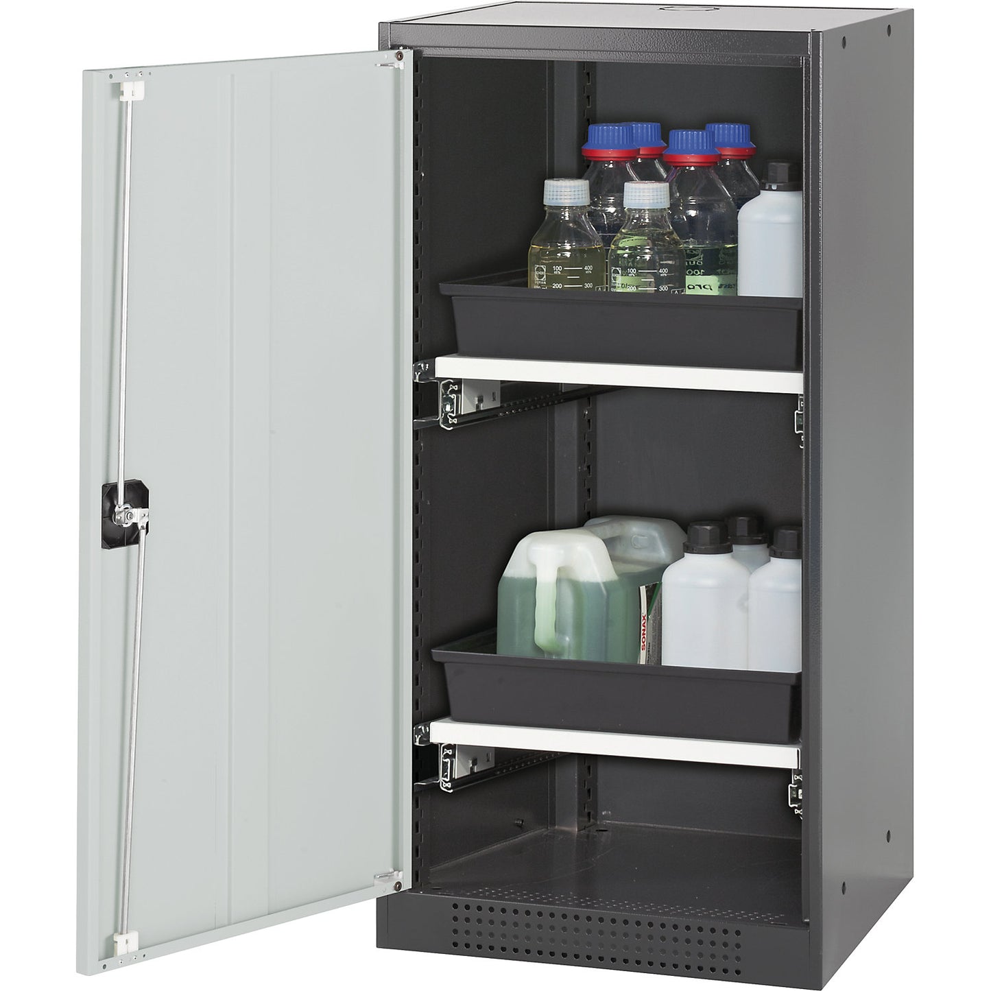 Laboratory chemical storage cupboard, 1 door, half height, 2 drawers, without vision panel, grey.