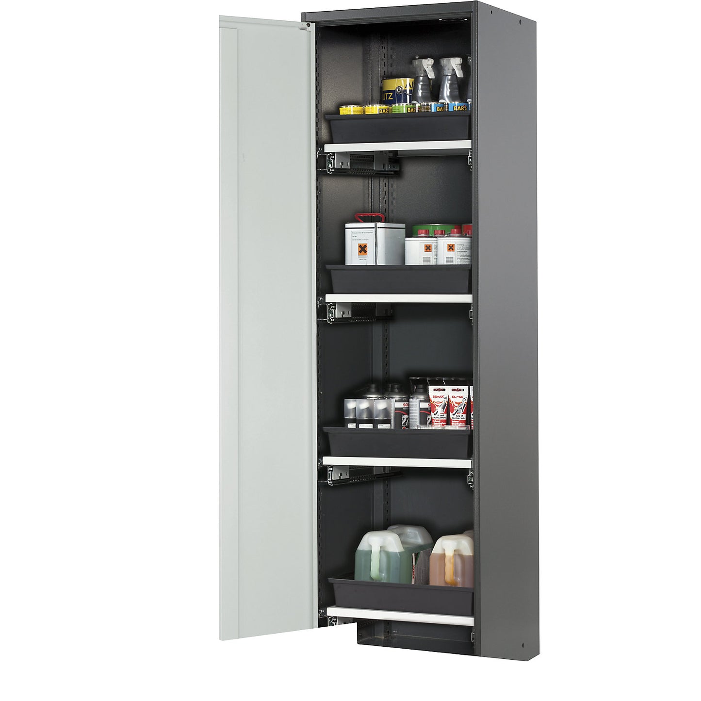 Laboratory chemical storage cupboard, 1 door, tall, 4 drawers, without vision panel, grey.