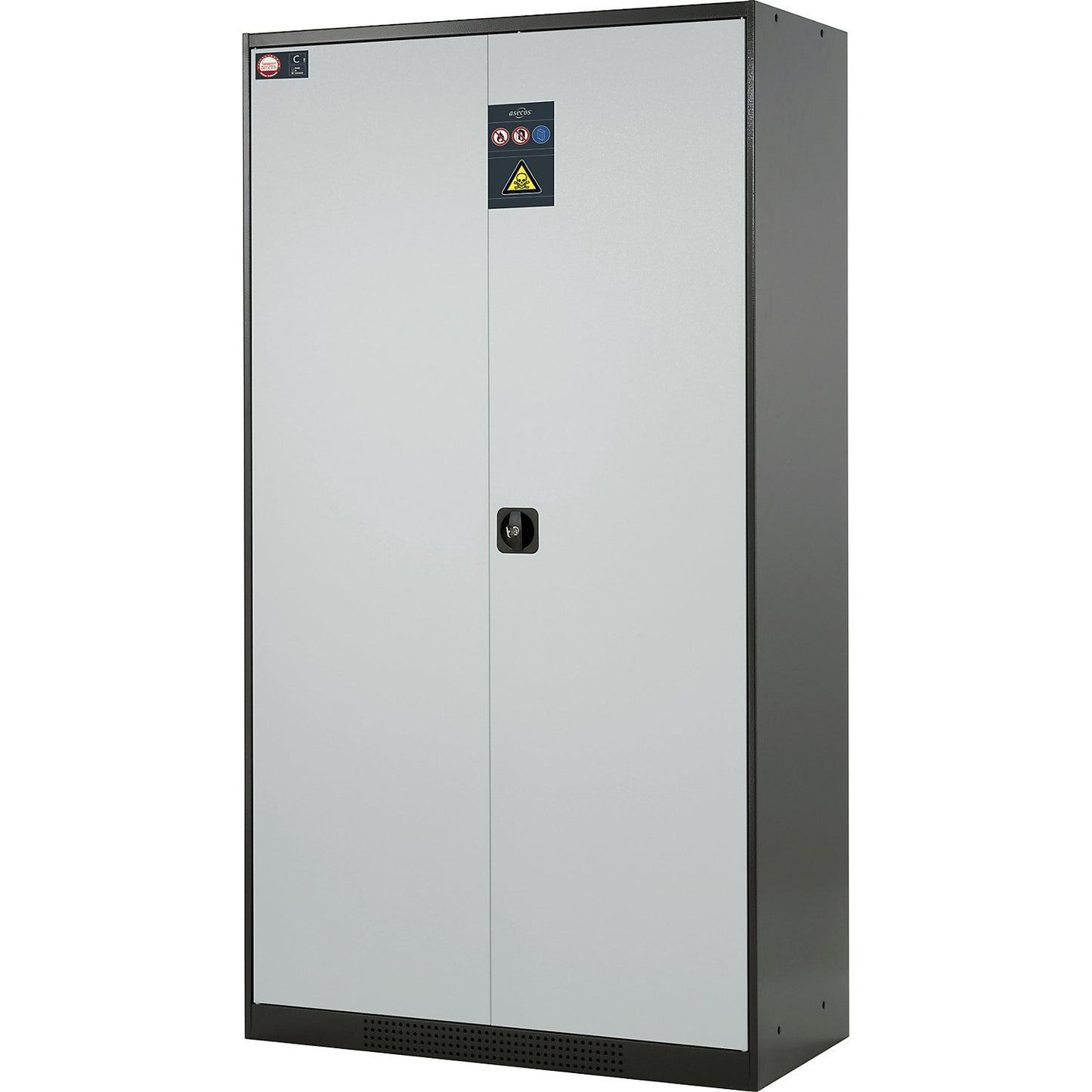Laboratory chemical storage cupboard, 2 door, tall, 4 drawers, without vision panel, grey.