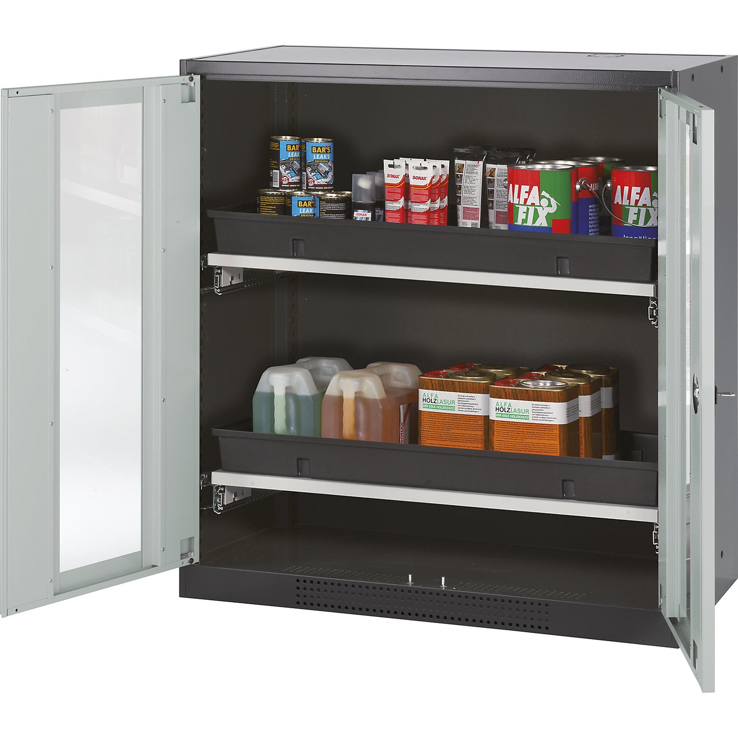 Laboratory chemical storage cupboard, 2 door, half height, 2 drawers, with vision panel, grey.