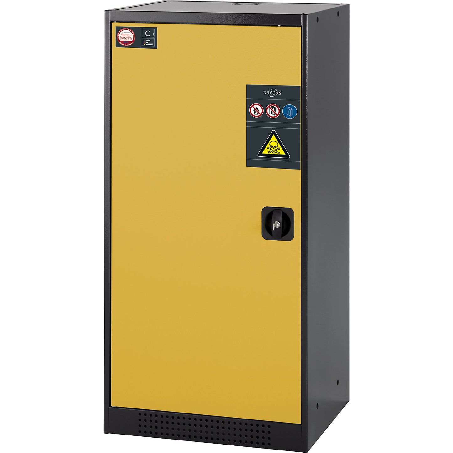 Laboratory chemical storage cupboard, 1 door, half height, 2 shelves, without vision panel, yellow.