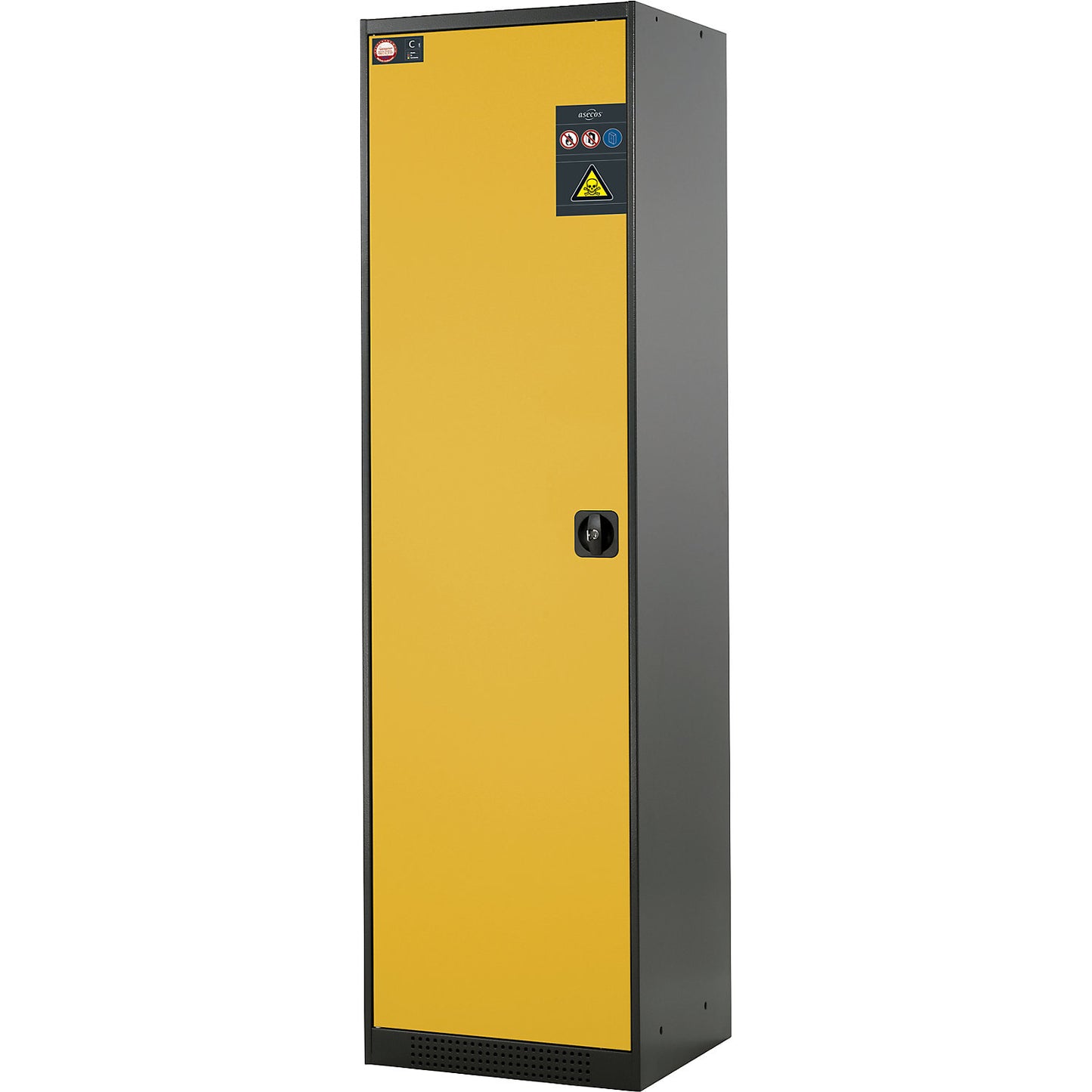 Laboratory chemical storage cupboard, 1 door, tall, 3 shelves, without vision panel, yellow.