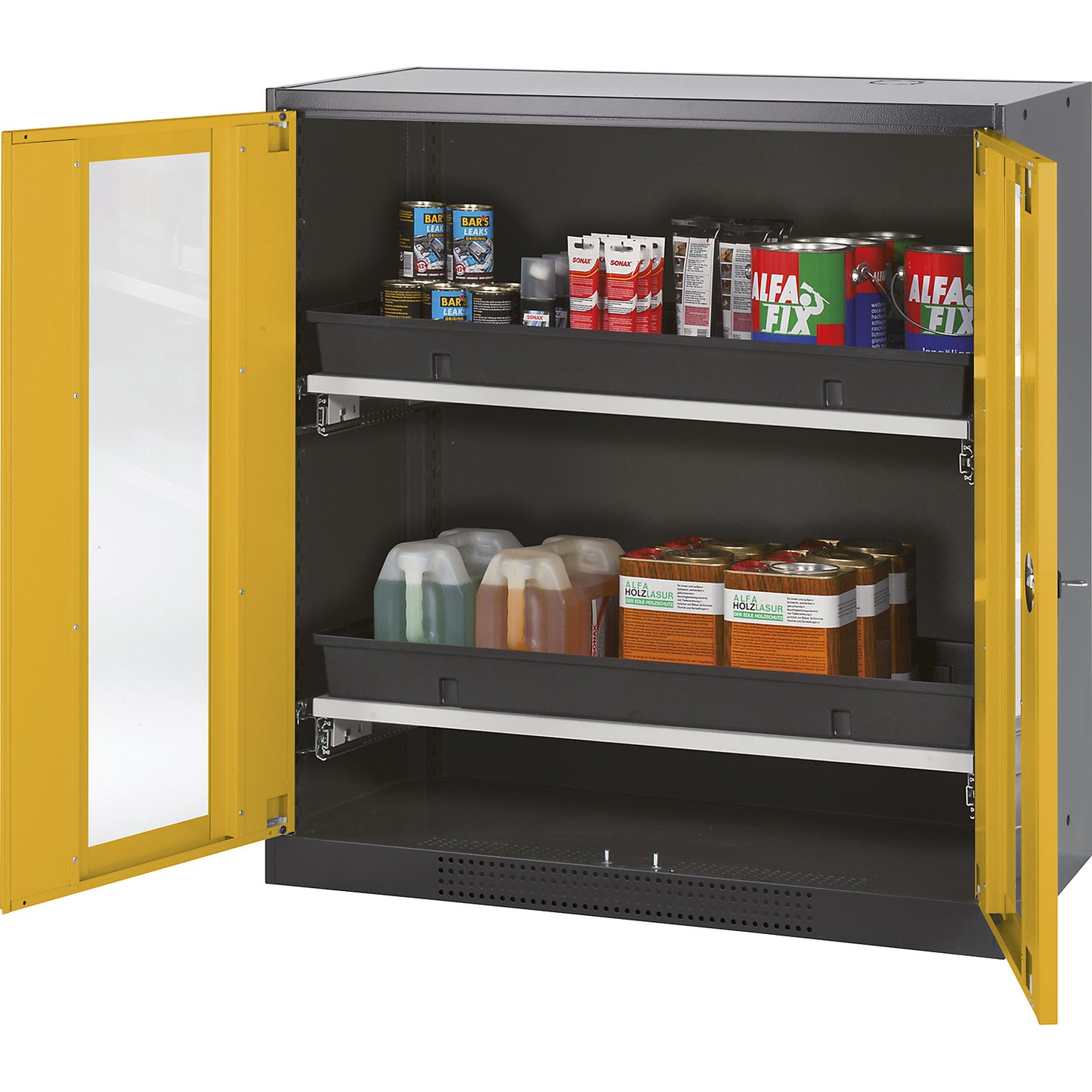 Laboratory chemical storage cupboard, 2 door, half height, 2 drawers, with vision panel, yellow.