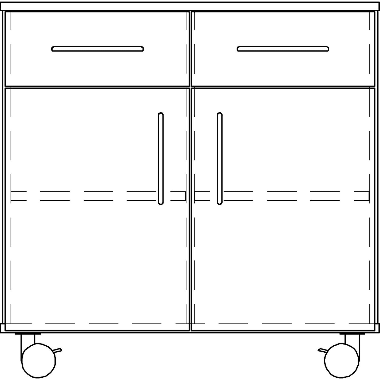 Laboratory base cupboard, high, 2 drawers, 2 doors, 2 shelves, 1 central partition, width 836 mm.