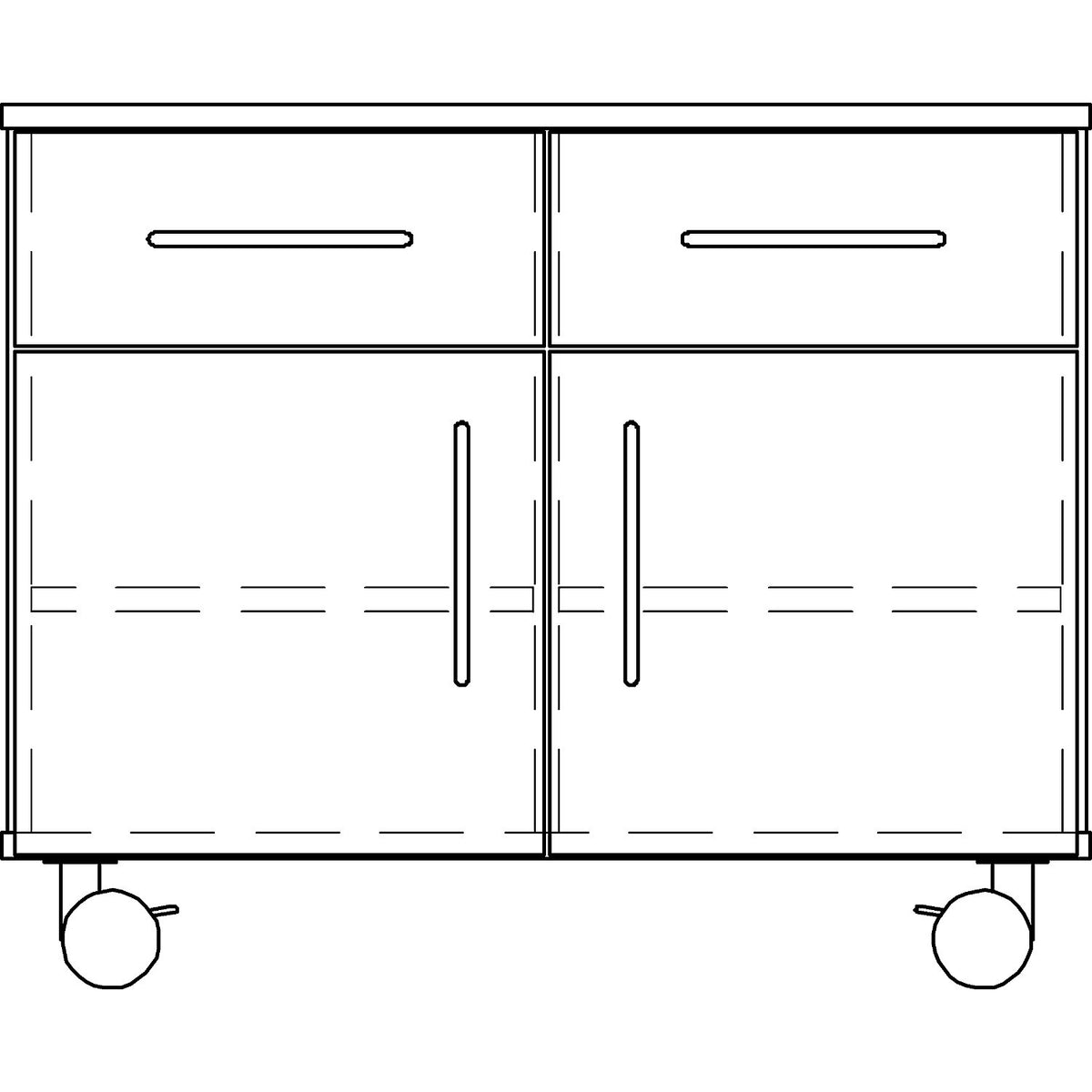 Laboratory base cupboard, low, 2 drawers, 2 doors, 2 shelves, 1 central partition, width 1136 mm.