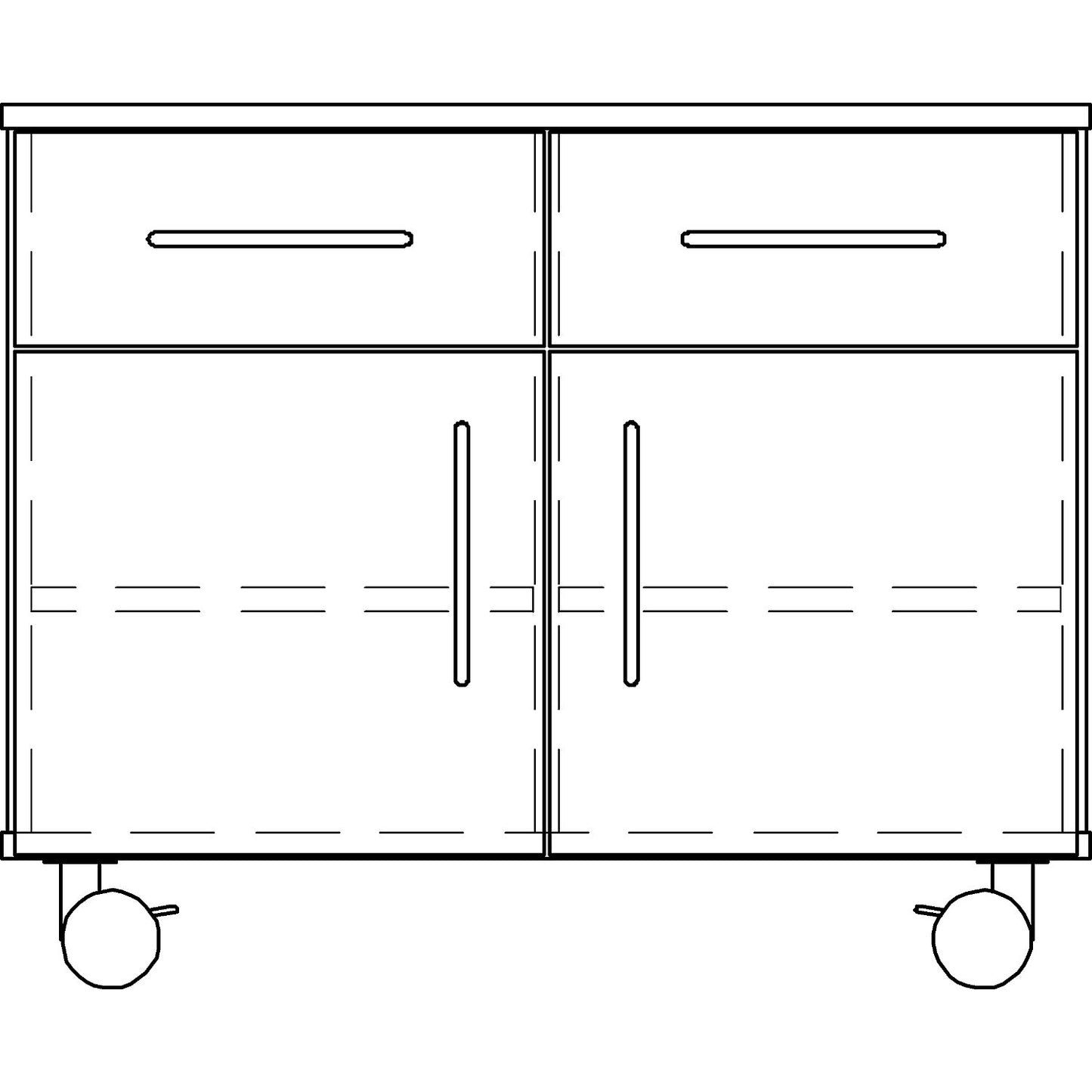 Laboratory base cupboard, low, 2 drawers, 2 doors, 2 shelves, 1 central partition, width 1136 mm.