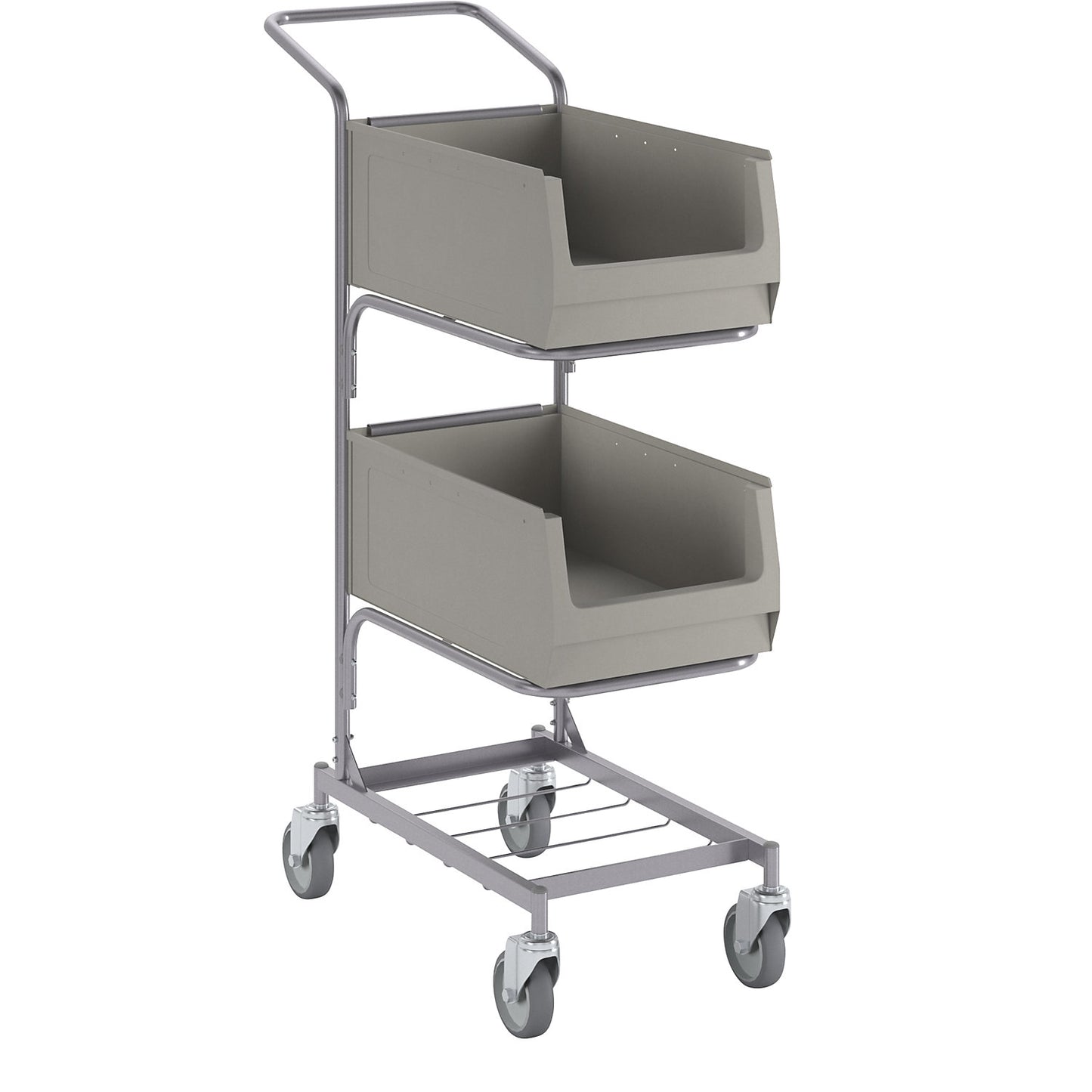 Assembly trolley, with 2 open fronted storage bins, silver grey, silk finish.