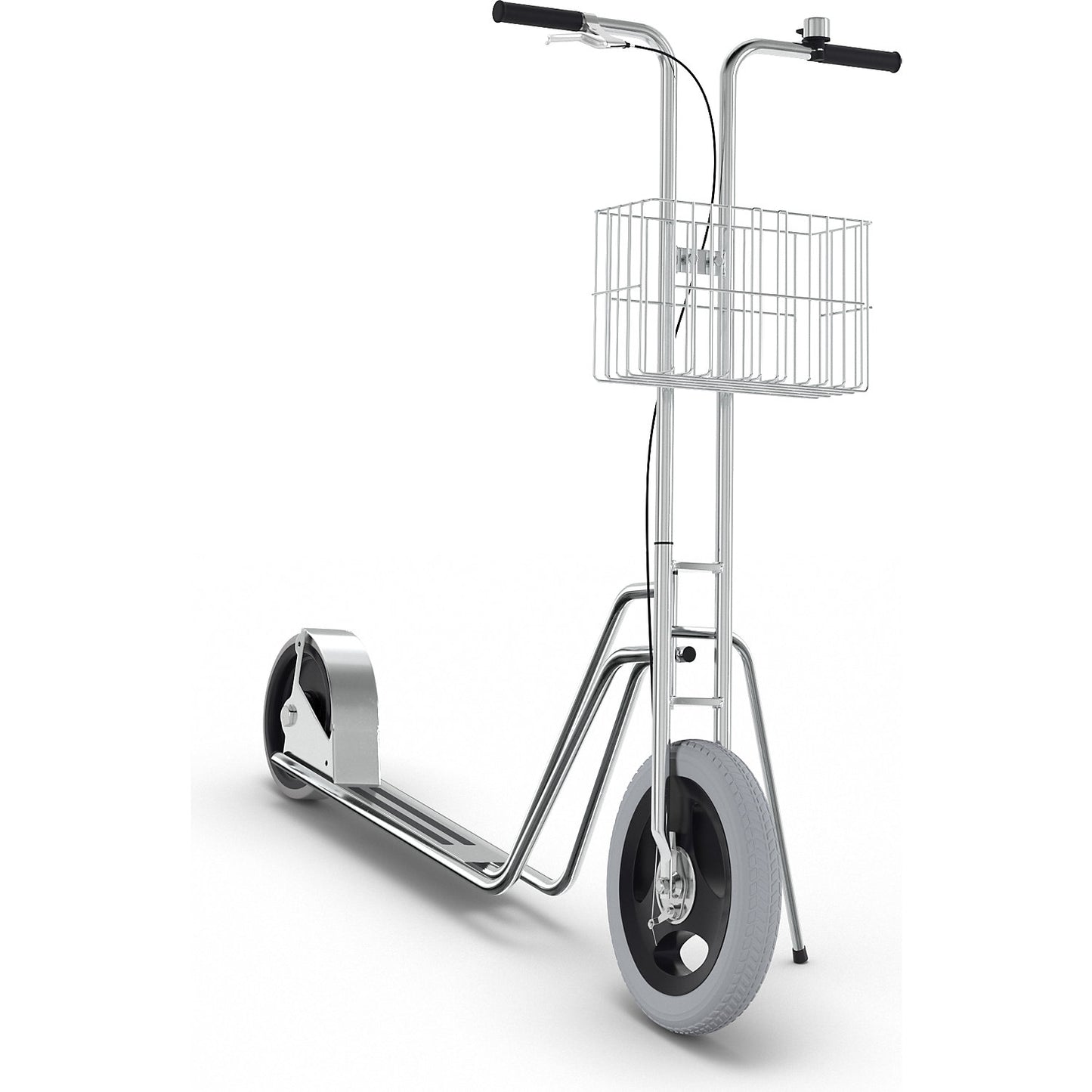 MODEL 65 company scooter, 2 wheels, bell and basket, drum brake on front wheel.